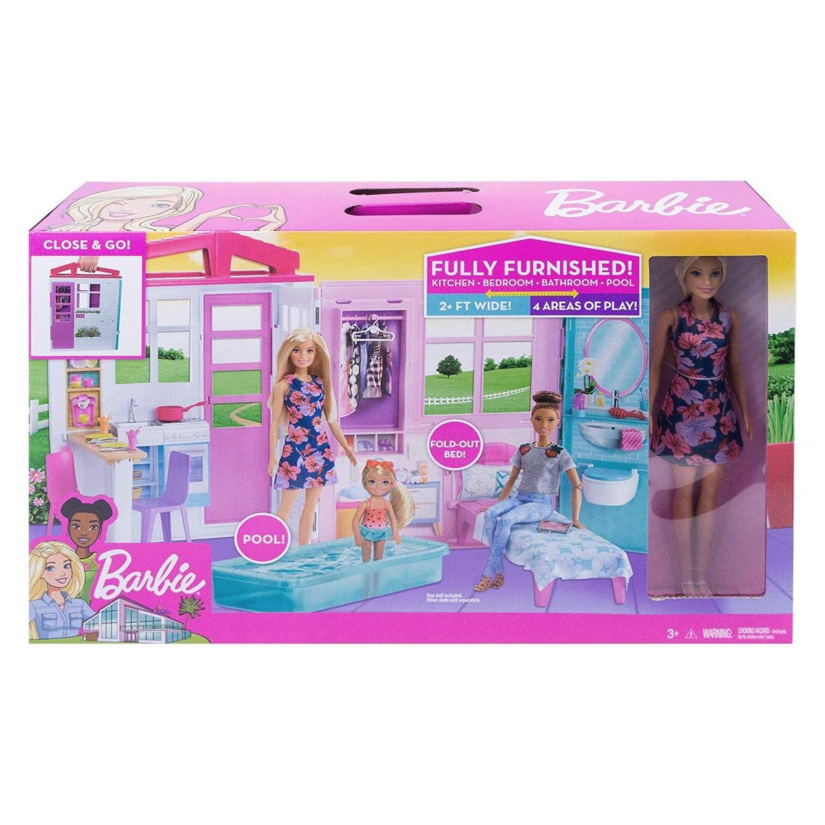 Barbie - Casa amueblada pleglable con Cocina, Piscina, Dormitorio y Lavabo con muñeca Rubia (Mattel FXG55), Embalaje estándar