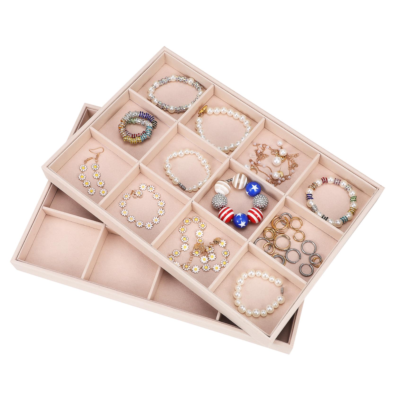 COLLBATH Bandejas para Joyas Terciopelo 12 Compartimentos Organizador de Joyería para Collares y Anillos Uso Personal y Exhibición 2 Unidades Apilables