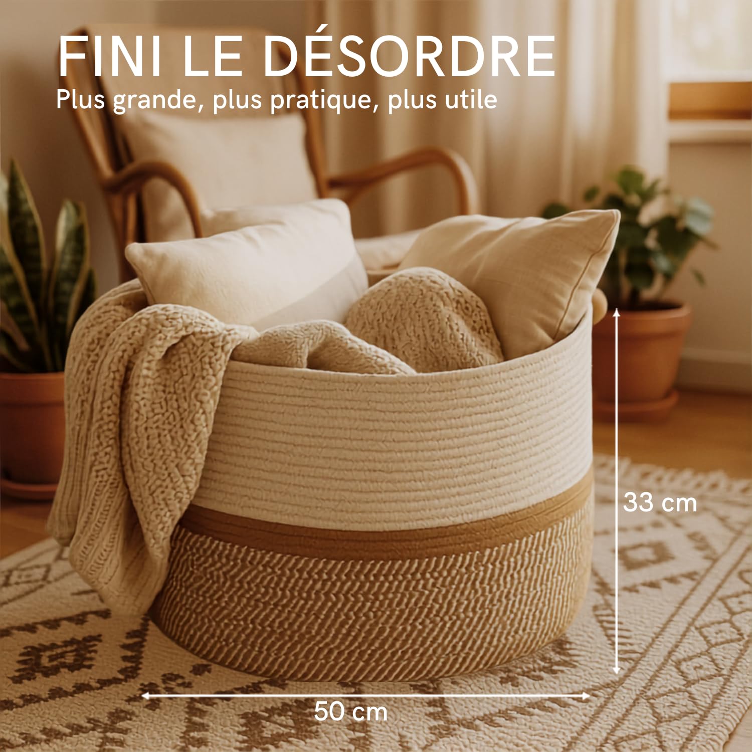 BELMIN Panier a Linge XL 65L – Grand Panier Rangement avec Poignées, Ø50cm, Coffre a Jouet, Panier de Rangement pour Chambre, Salle de Bain et Laundry Basket Design