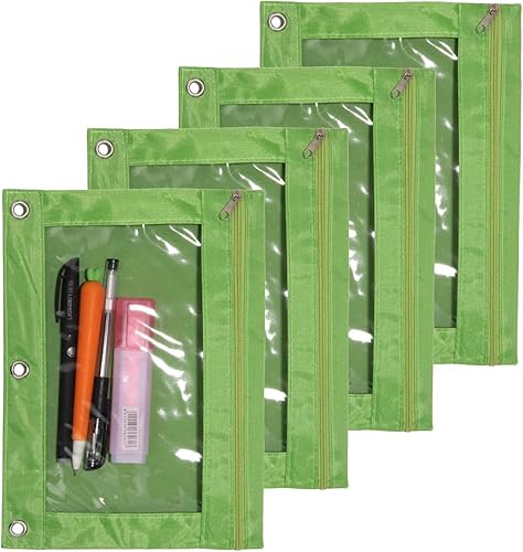 Estuche de tela para lápices con 3 anillas, con cremallera, paquete de 4 (verde)