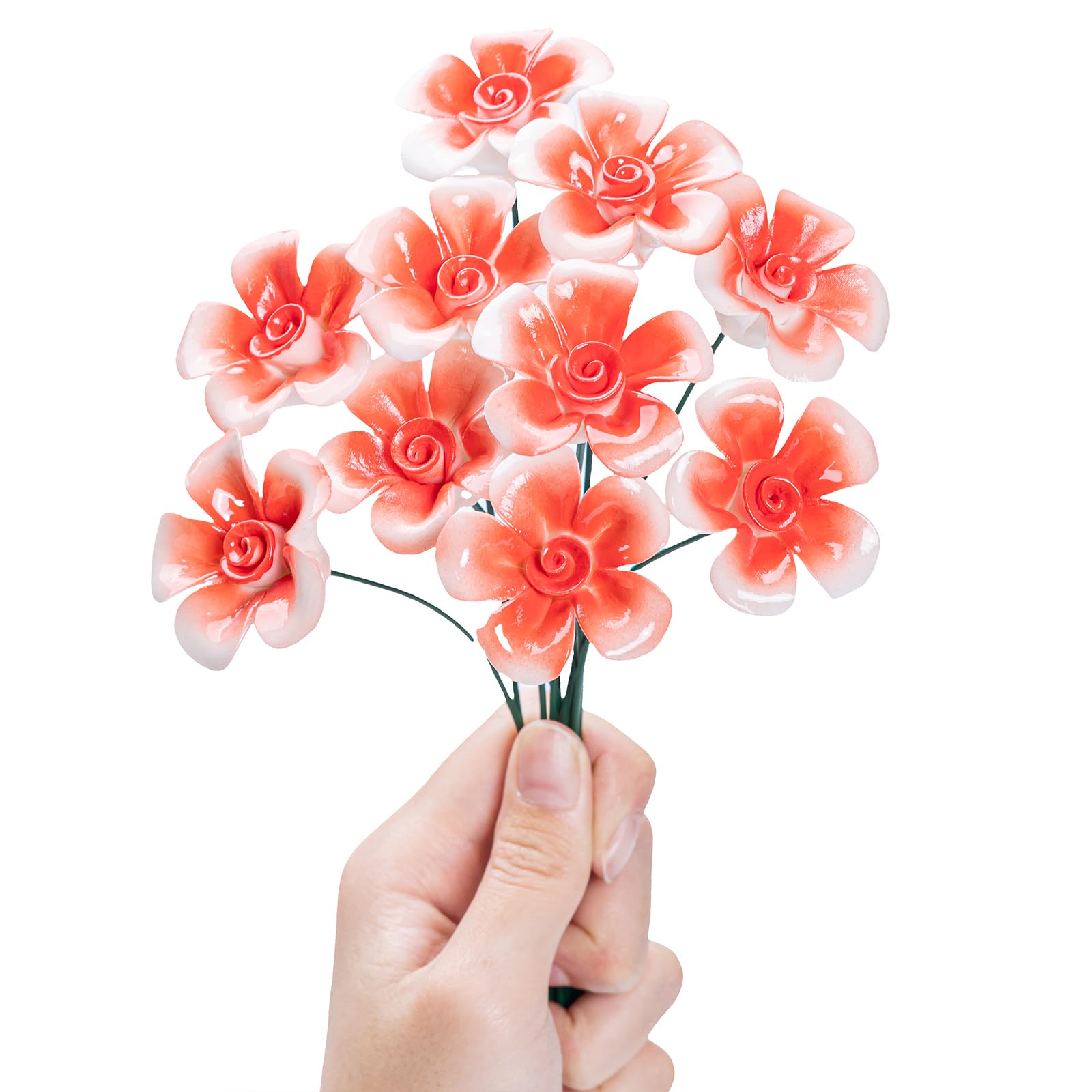 Ceramic Flowers Bouquest Artificial Flower Handmade Ceramic Flowers Simulated Bouquet Floral Decorations Creative Gifts for Floral Arrangements Home Decor (Red, Five-petaled flower-10 stems)