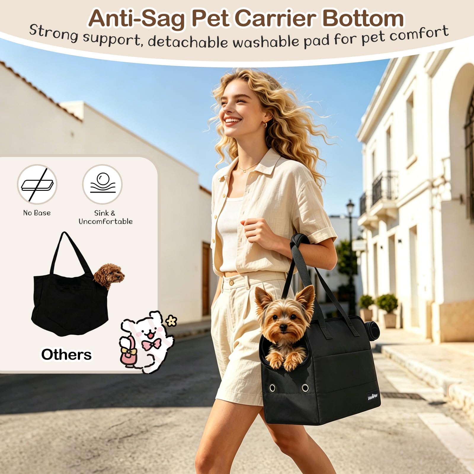 Bolso Transportín para Perros Pequeños, 15" X 11" X 7,9" Transportín De Viaje para Mascotas con Almohadilla De Apoyo, Ganchos De Seguridad, Múltiples Bolsillos, Transportín Blando para Gatos, Negro