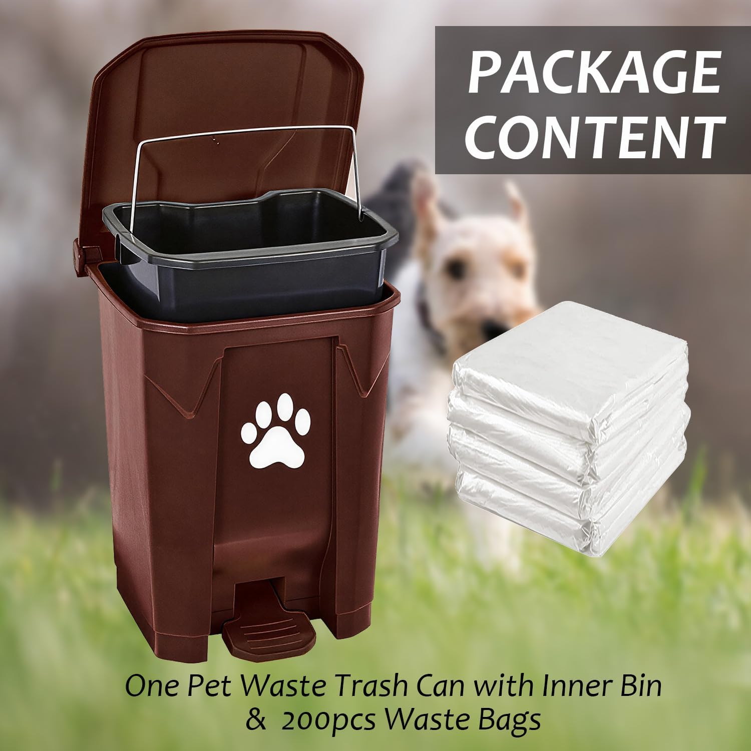 tebiete Dog Poop Trash Can Outdoors Pet Waste Station with Lid Dog Waste Disposal Container with Removable Inner Bin Bucket Hands-Free Pedal Garden Yard Home with Waste Bags, Brown