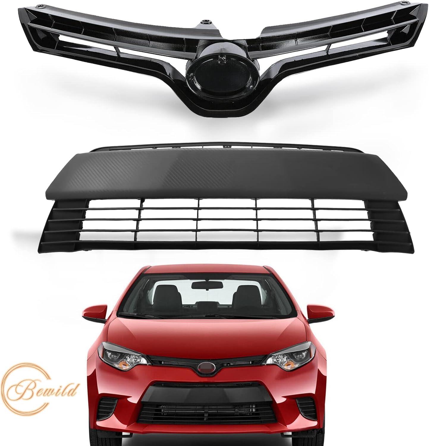 Bewild Front Bumper Upper & Lower Grille Assembly Fit For 2014 2015 2016 Toyota Corolla LE CE 5310002560/5311202450