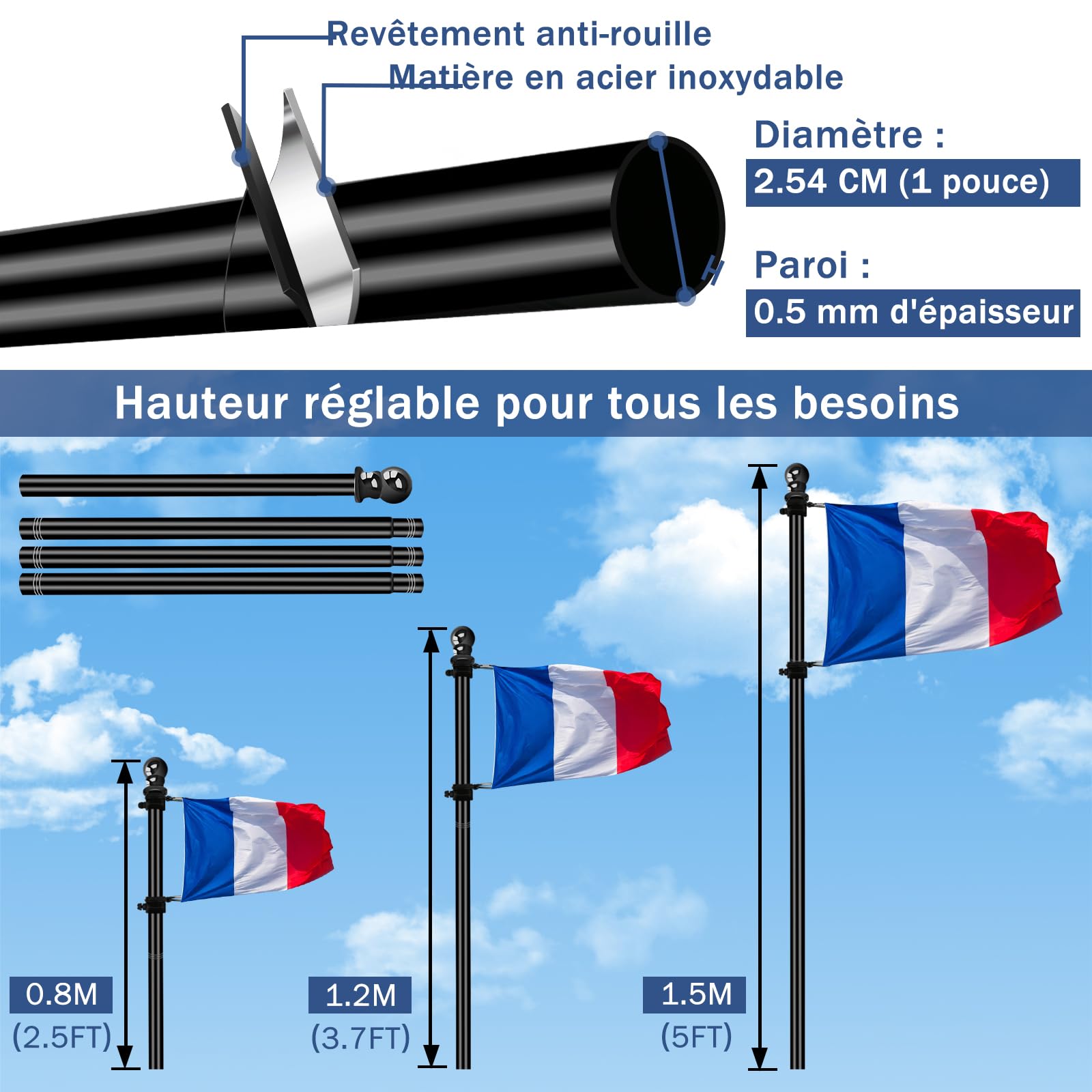 NQ Mât de Drapeau 1,5M avec Support, Français Mât pour Drapeau en Acier Inoxydable Extérieur, pour Les Fêtes et la Déco Maison (Noir)