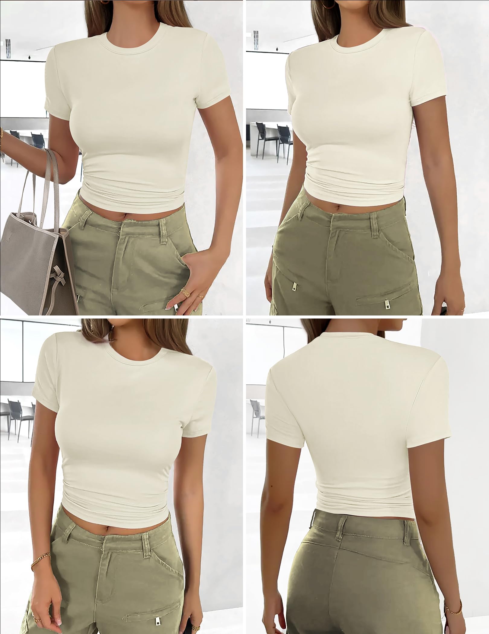 Ekouaer Damen 3 Pack T-Shirts Rundhals Unterhemd Kurzarm Stretch Oberteil Slim Fit Basic Crop Tops Sommer Outfit S-XXL