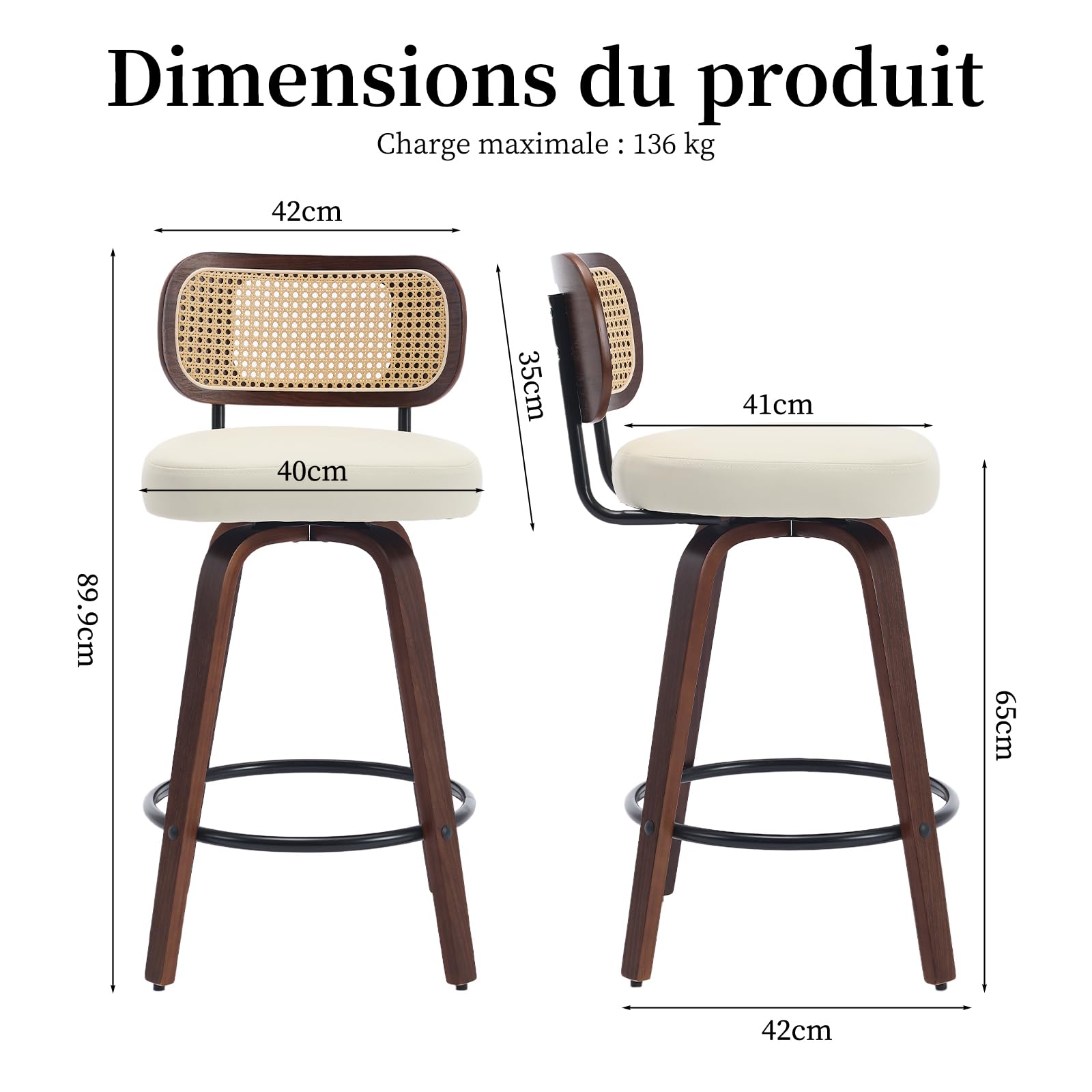 Lot de 3 Tabourets de Bar Pivotants, Assise 65 cm, Dossier en Rotin, Beige