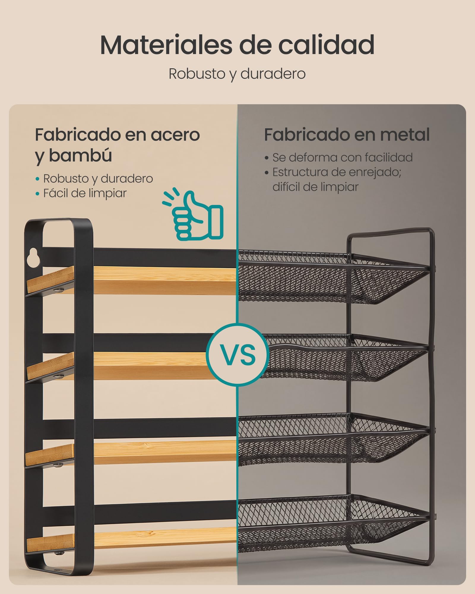 SONGMICS Especiero, Organizador de Especias de Bambú y Acero, Estante con 28 Botes de Cristal, 35 x 9 x 26 cm, Negro y Natural, para Pared y Encimera de Cocina Colección Bystro KCS064B101