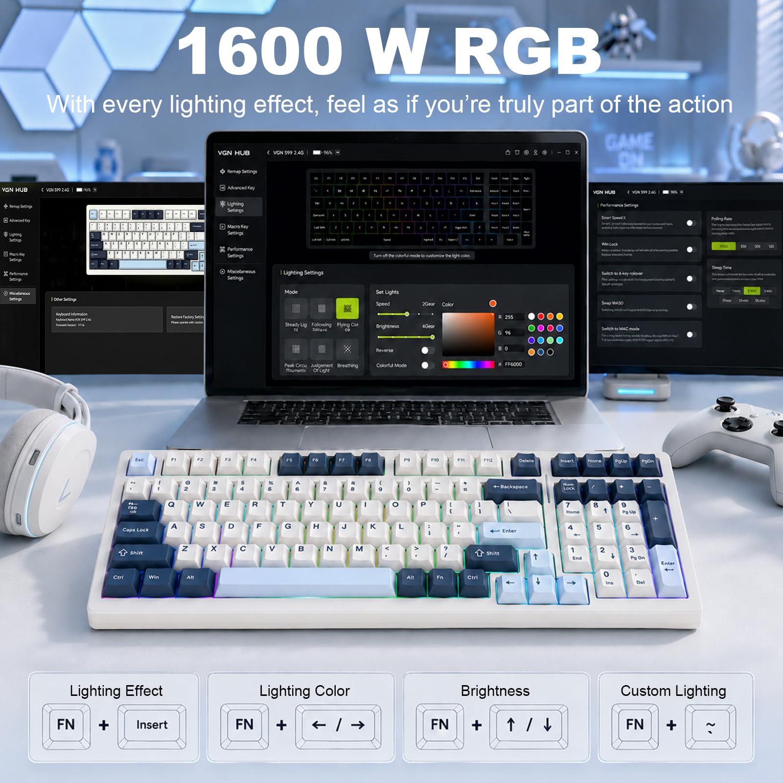 VGN Tastiera wireless S99, Tri-Mode Bluetooth 5.0/2.4GHz/USB-C, tastiera meccanica hot swap, interruttori lineari pre-lubrificati, tastiere per computer retroilluminate RGB per PC/tablet/Xbox, blu