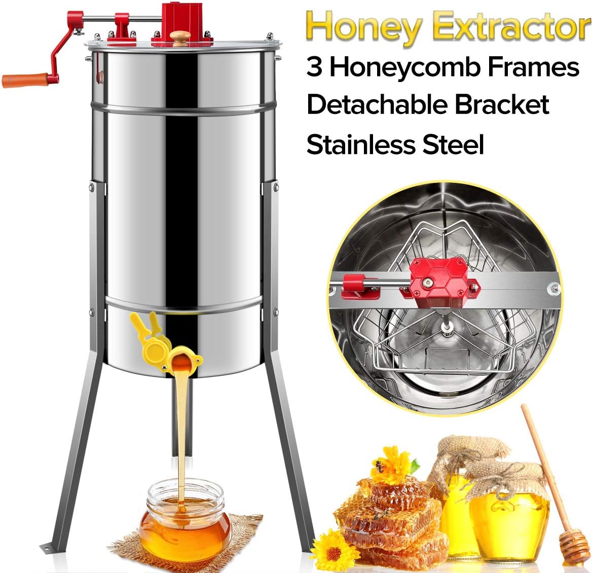 SHUOGOU Honey Extractor, Manual Bee Honey Extractor Honeycomb, Stainless Steel Beekeeping Equipment with Spinner 3 Frames Sieve Honey Strainer