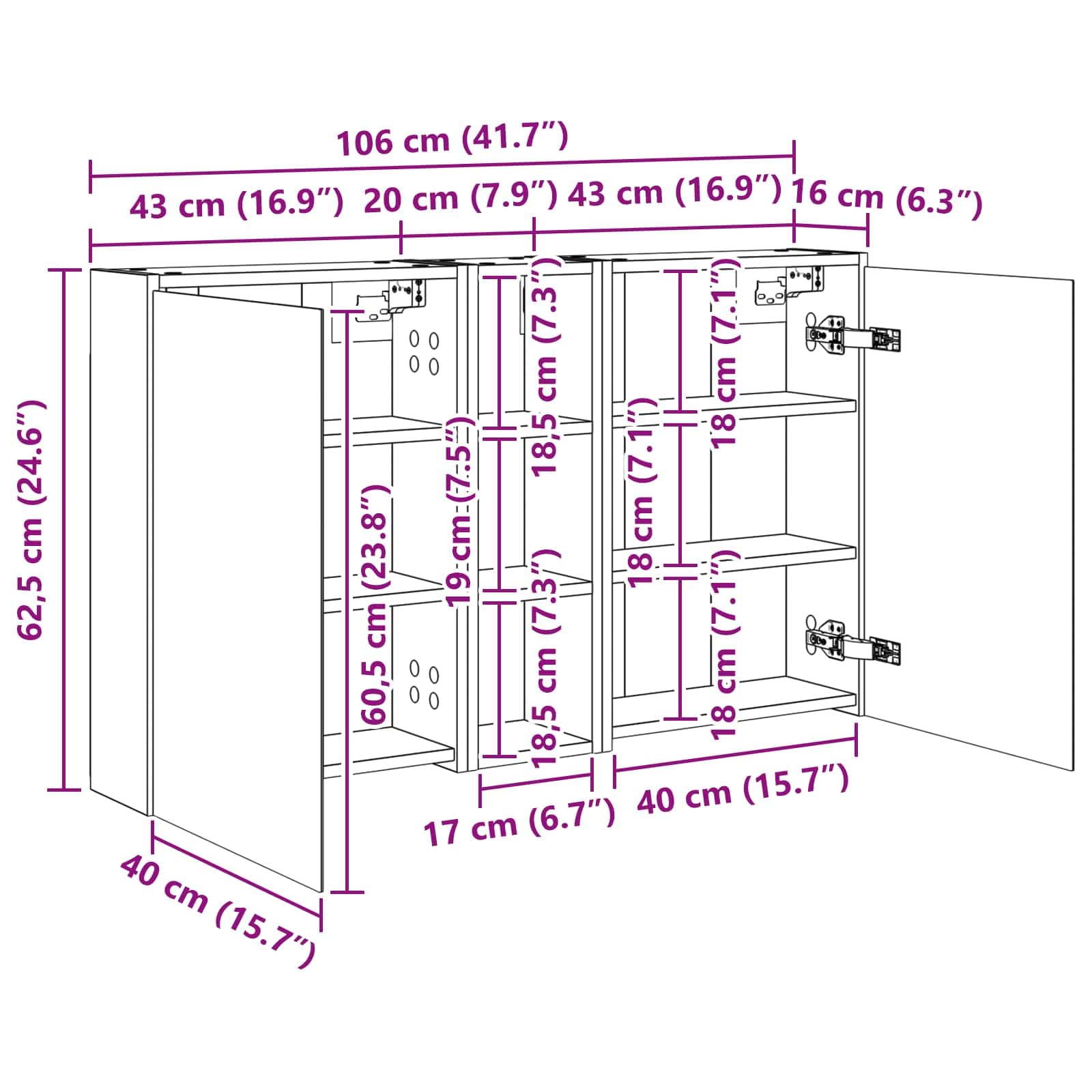 Set di 3 armadietti da bagno, in legno, 106 x 16 x 62,5 cm, con illuminazione a LED, montaggio a parete, vano portaoggetti e specchio bidirezionale, per mobili da bagno, mobiletto sottolavabo