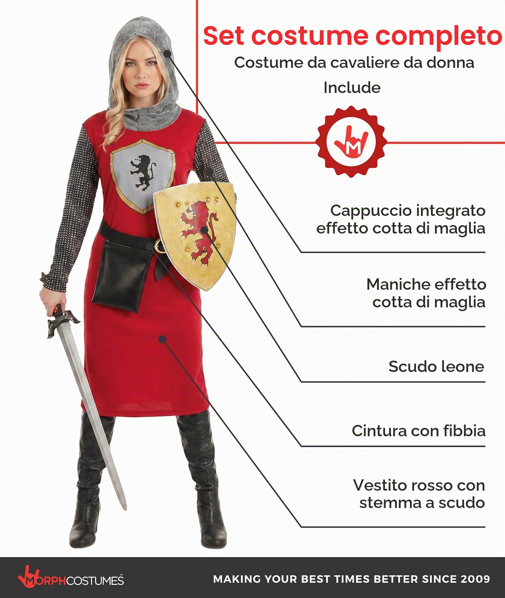 Fun Shack Costume Cavaliere Donna, Costume Medievale Halloween Donna | Abito con Effetto Cotta di Maglia, Cintura & Scudo, Stile Medievale, Perfetto per Halloween, Ideale per Travestirsi