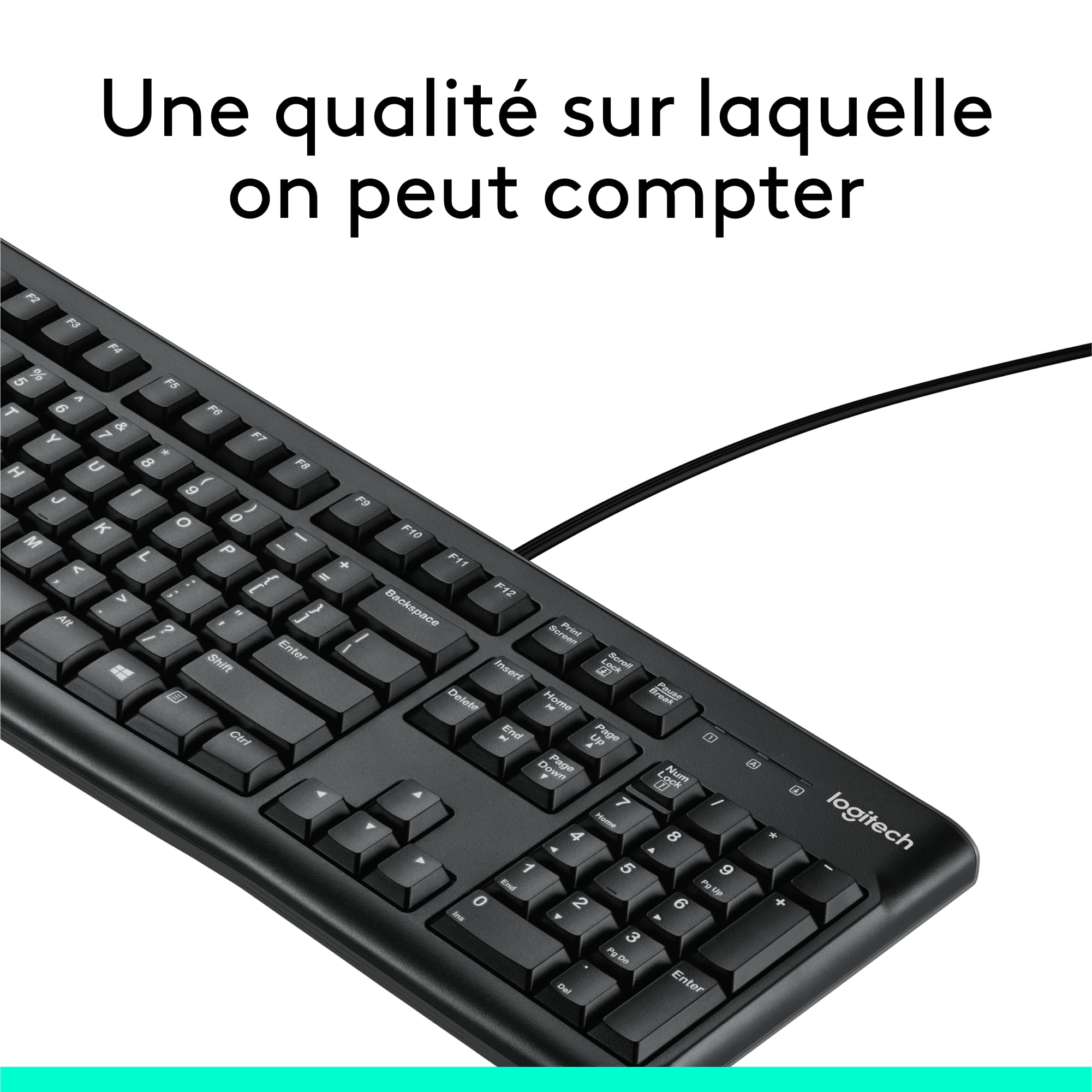 Logitech K120 Clavier Filaire pour Windows, USB Plug-and-Play, Taille Standard, Résistant Eclaboussures, Barre D'Espacement Incurvée, Compatible PC, Ordinateur Portable, Français AZERTY - Noir
