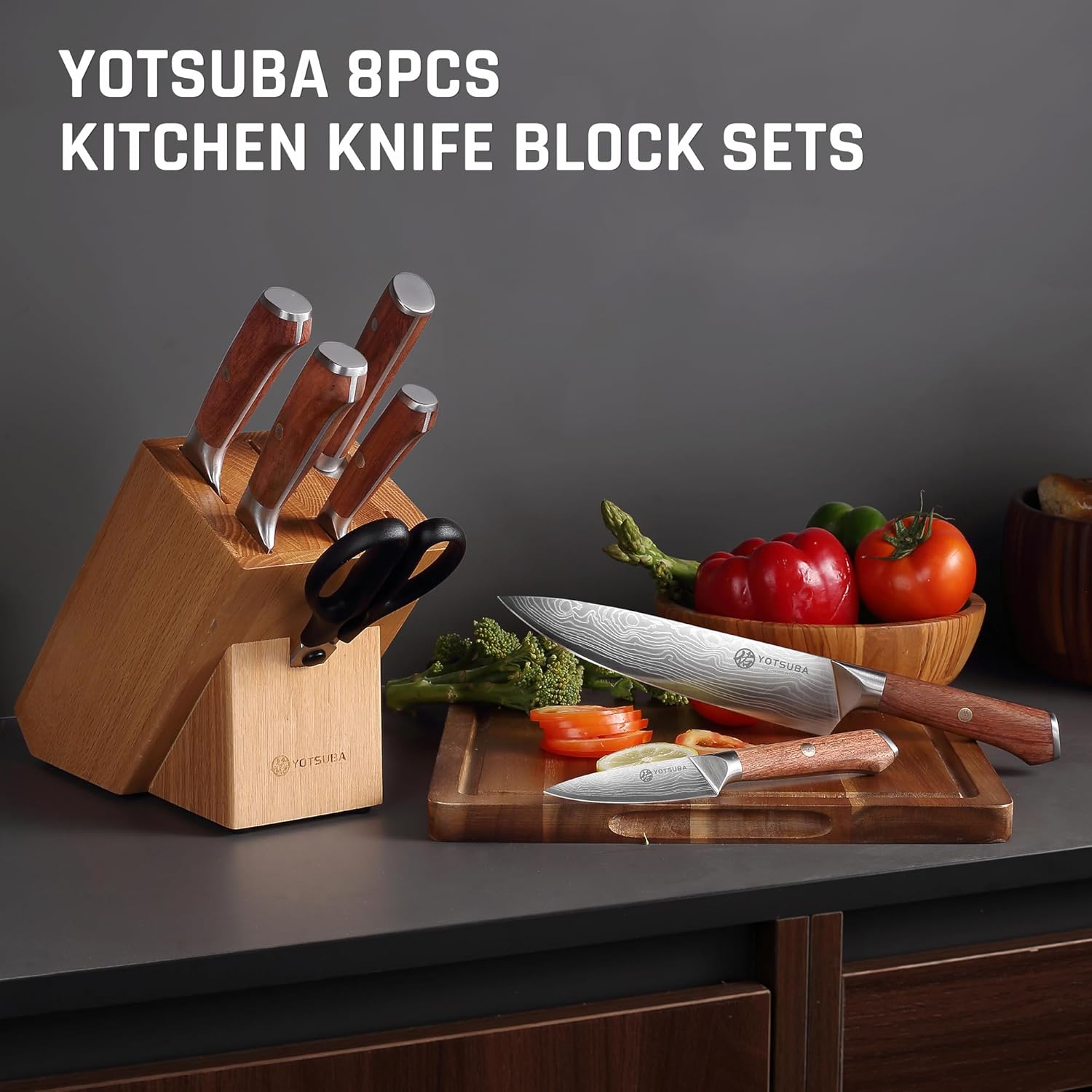 YOTSUBA Kitchen Knife Set, 8 PCS Knife Set with Block, High Carbon Stainless Steel Chef Knives Set, Sharp Knives Set for Kitchen, Japanese Knife Set with Ergonomic Rosewood Handle - Image 8