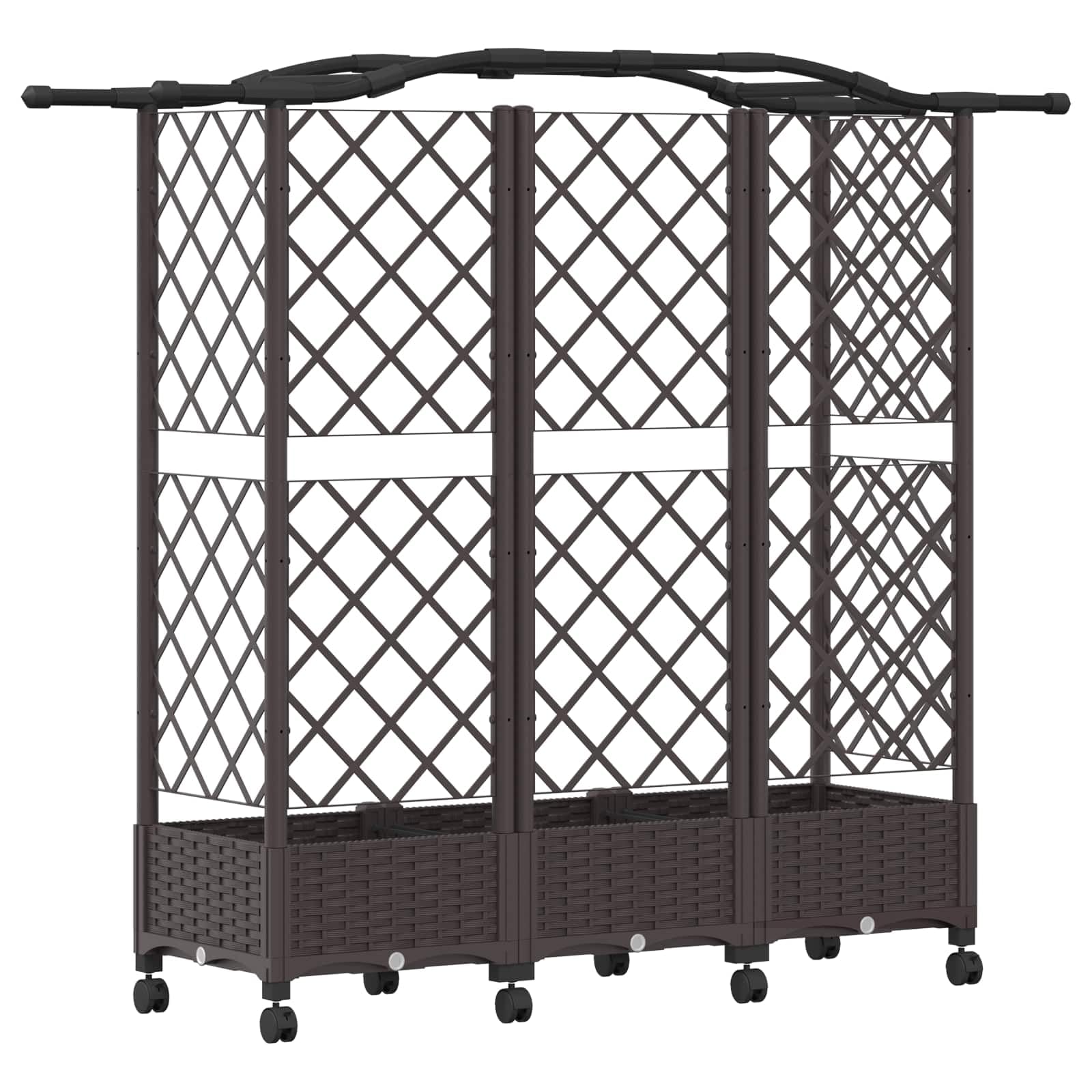 Jardinera con enrejado y techo marrón de polipropileno 163 x 40 x 129 cm para terraza, jardín y balcón, maceta con riego y almacenamiento de agua para hierbas y verduras