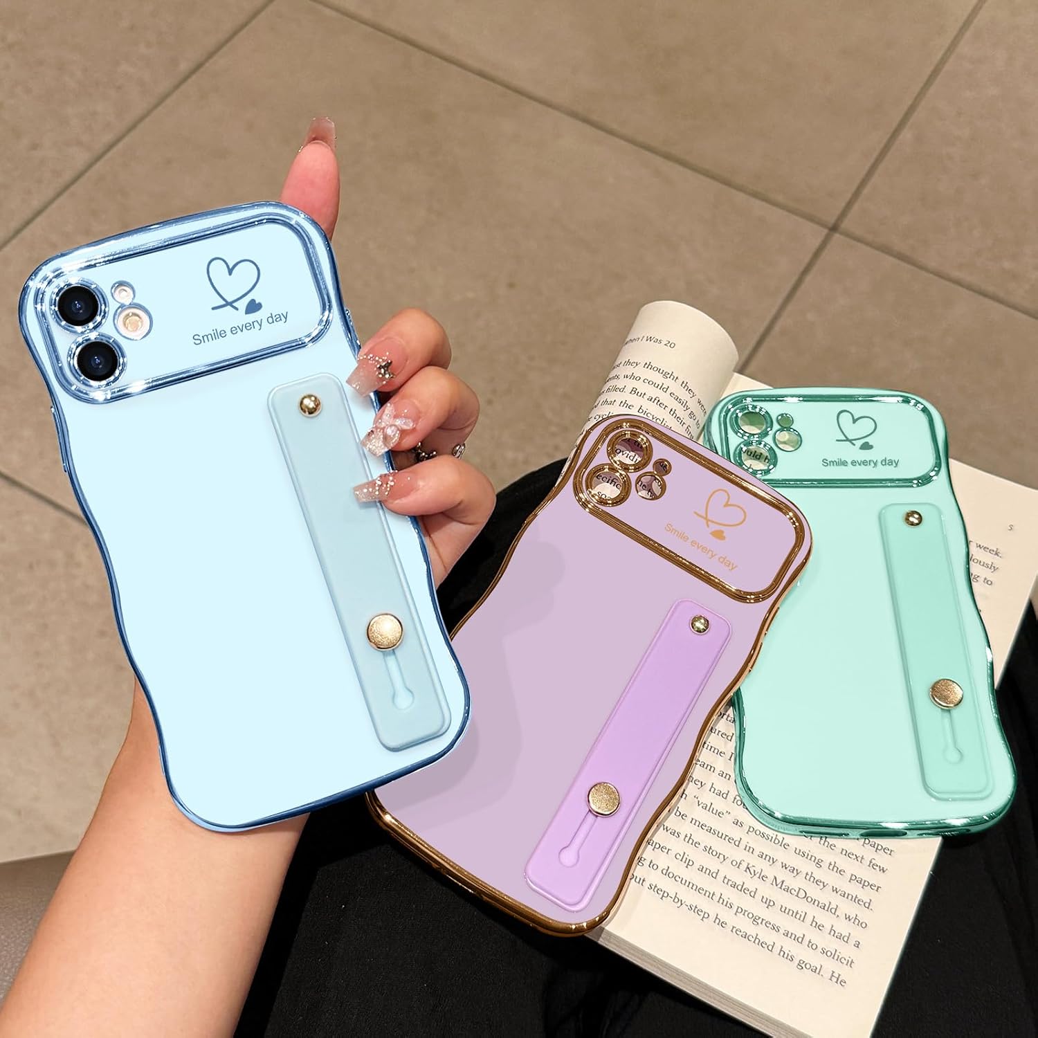 for iPhone 12 Case for Women Girls with Strap, Wave Frame Cute Love-Heart Plating Luxury Bling Stand Cover, Raised Full Camera Soft Silicone Protective Phone Case for iPhone 12, Light Purple - Image 6