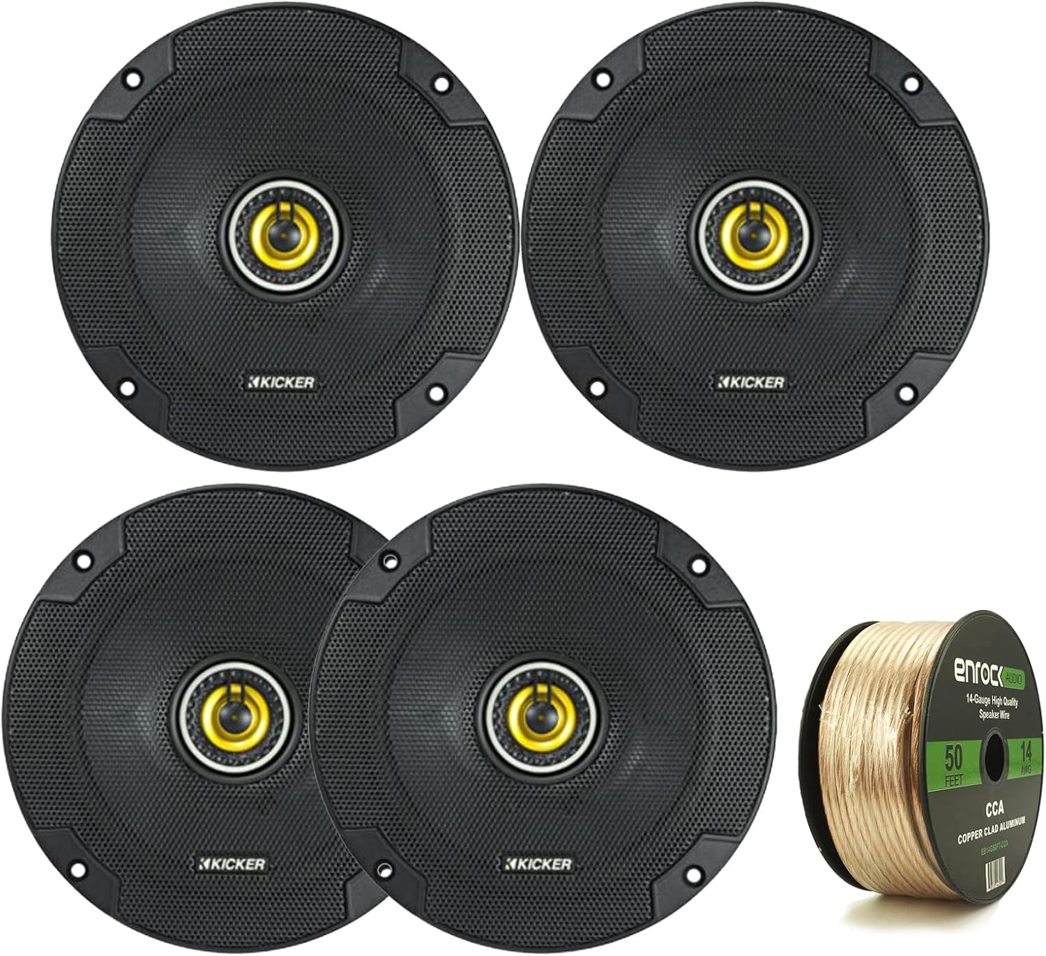Car Speaker Package Of 4x Kicker 300 Watt Max Power 6.5" CS Series 2-Way Car Audio Coaxial Speakers Bundle Combo With Enrock 50 Foot 14 Gauge Speaker Wire