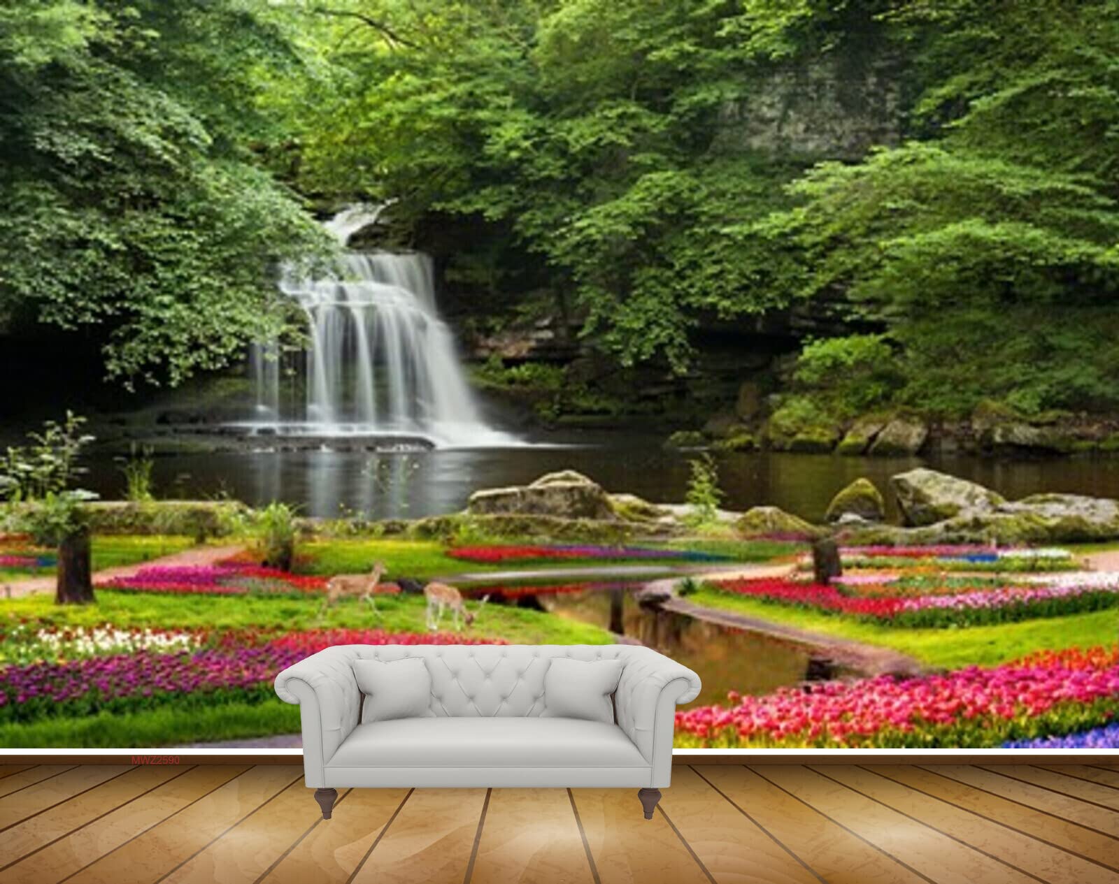 Mystic Walls MWZ2590 Waterfalls Trees Flowers Deers Grass Garden Pond River Stones HD 3D Wallpaper for Bedroom, Hall[6 ft x 3 ft] / [183 cm x 91 cm] (B0B54SGY7X) Amazon Price History, Amazon Price Tracker
