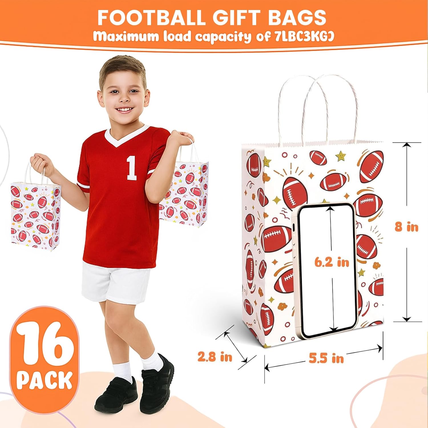 VGOODALL Paper Gift Bags, Football Goodie Bags with Handles, 5.5 x 2.8 x 8 Inches, Pack of 16 for Team Snack kids Birthday Party Favor Supplies - Image 5