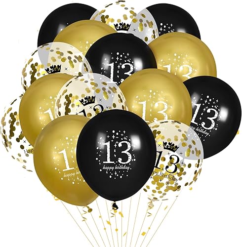 Globos de cumpleaños número 13 para niños, 15 globos negros y dorados de feliz cumpleaños número 13, globos de decoración de fiesta de cumpleaños