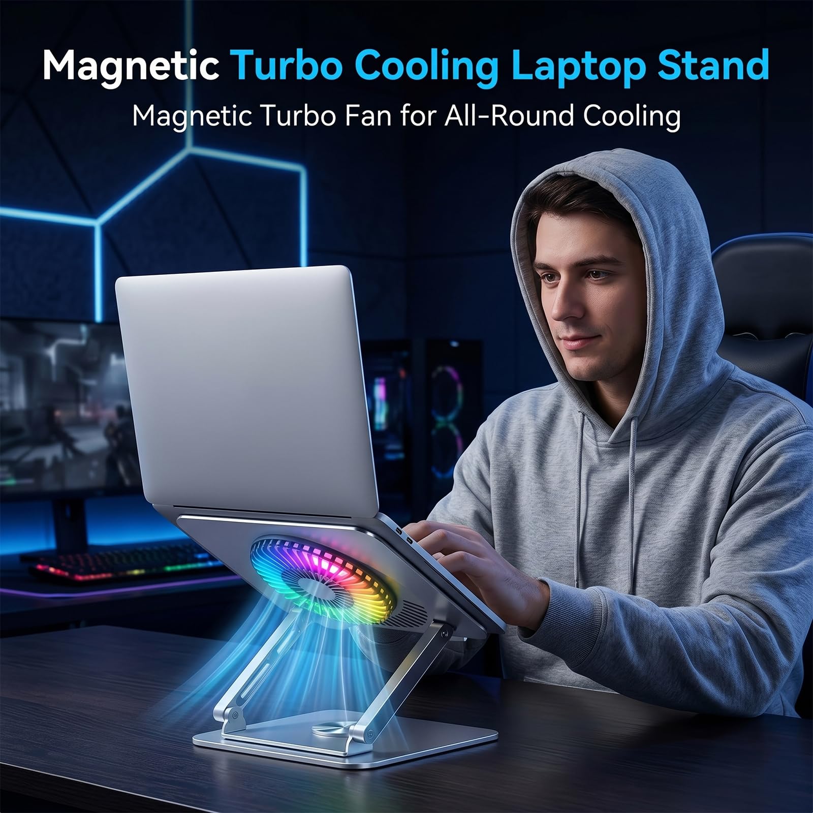 Soporte de refrigeración RGB para laptop con base giratoria de 360°, elevador plegable ajustable para laptop, ventilador ultra silencioso para disipación de calor, soporte ergonómico para laptop de 10