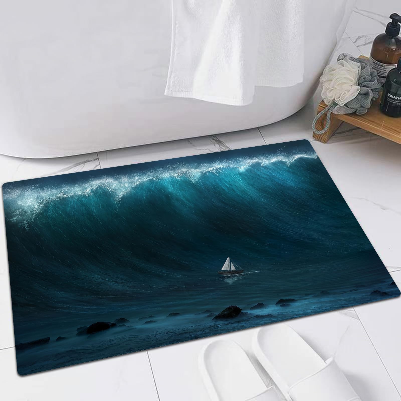 EMFSLA Bath Mat 16x24 in,A small boat being captured by a large wave.,Non-Slip Bathroom Mat Machine-Washable,Ultra Soft and Water Absorbent Bath Rug for Bathroom