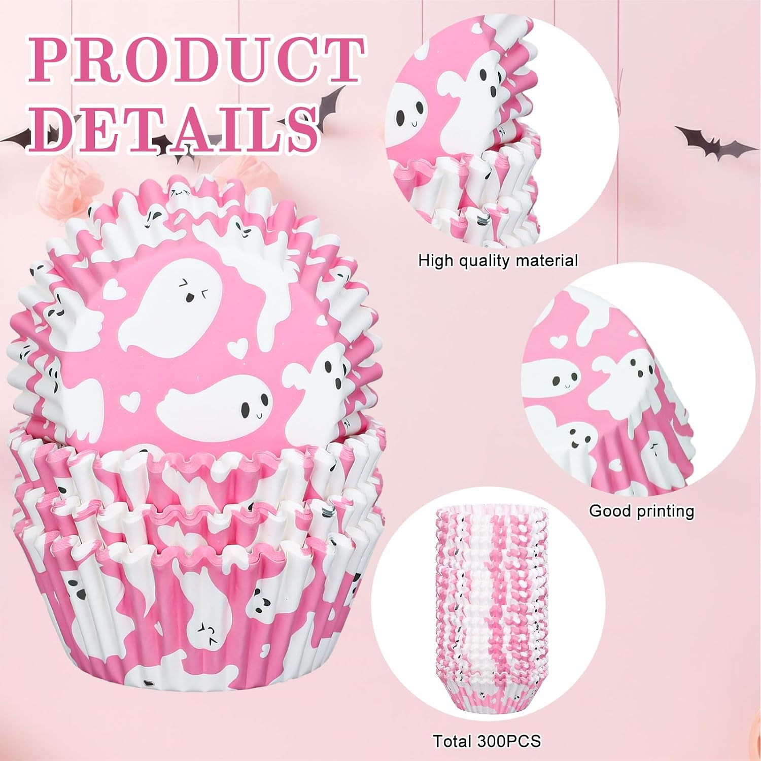 JarThenaAMCS 300Pcs Halloween Cupcake Liners Pink White Ghost Baking Cups Wrappers Greaseproof Muffin Liners for Halloween Party Supplies