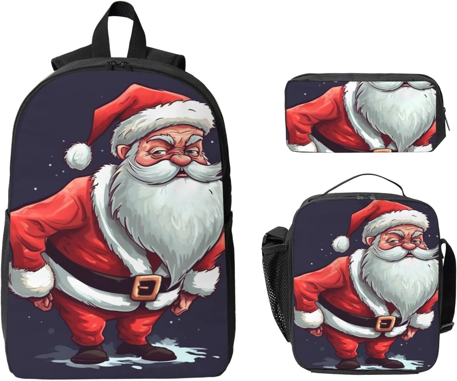 Funny Santa Claus Backpack Set 3 PCS - 17 Inch Laptop Backpack with Lunch Bag, Waterproof Daypack Insulated Lunch Box Large Capacity Coin Pouch Personalized Gift image 2