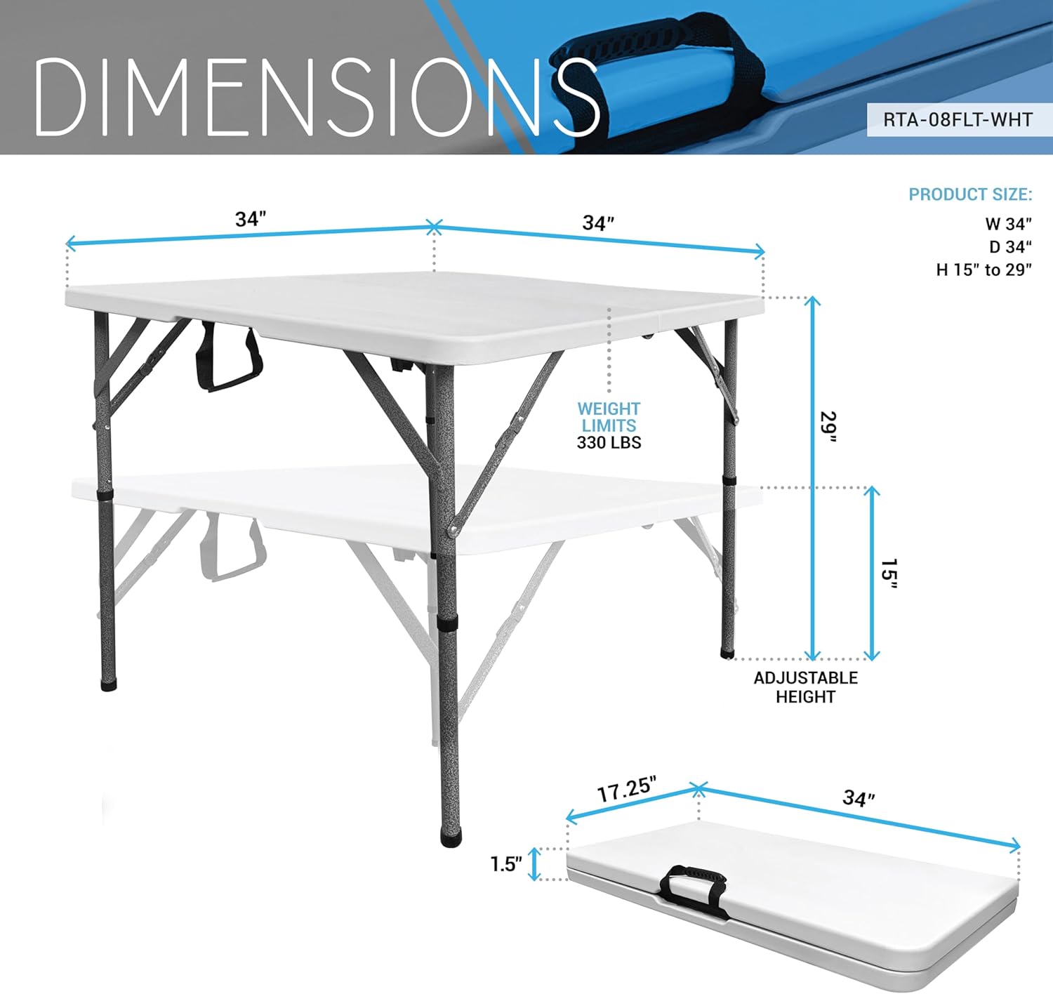 34” Square Folding Table, Small Folding Table with Easy-Carry Handle, White