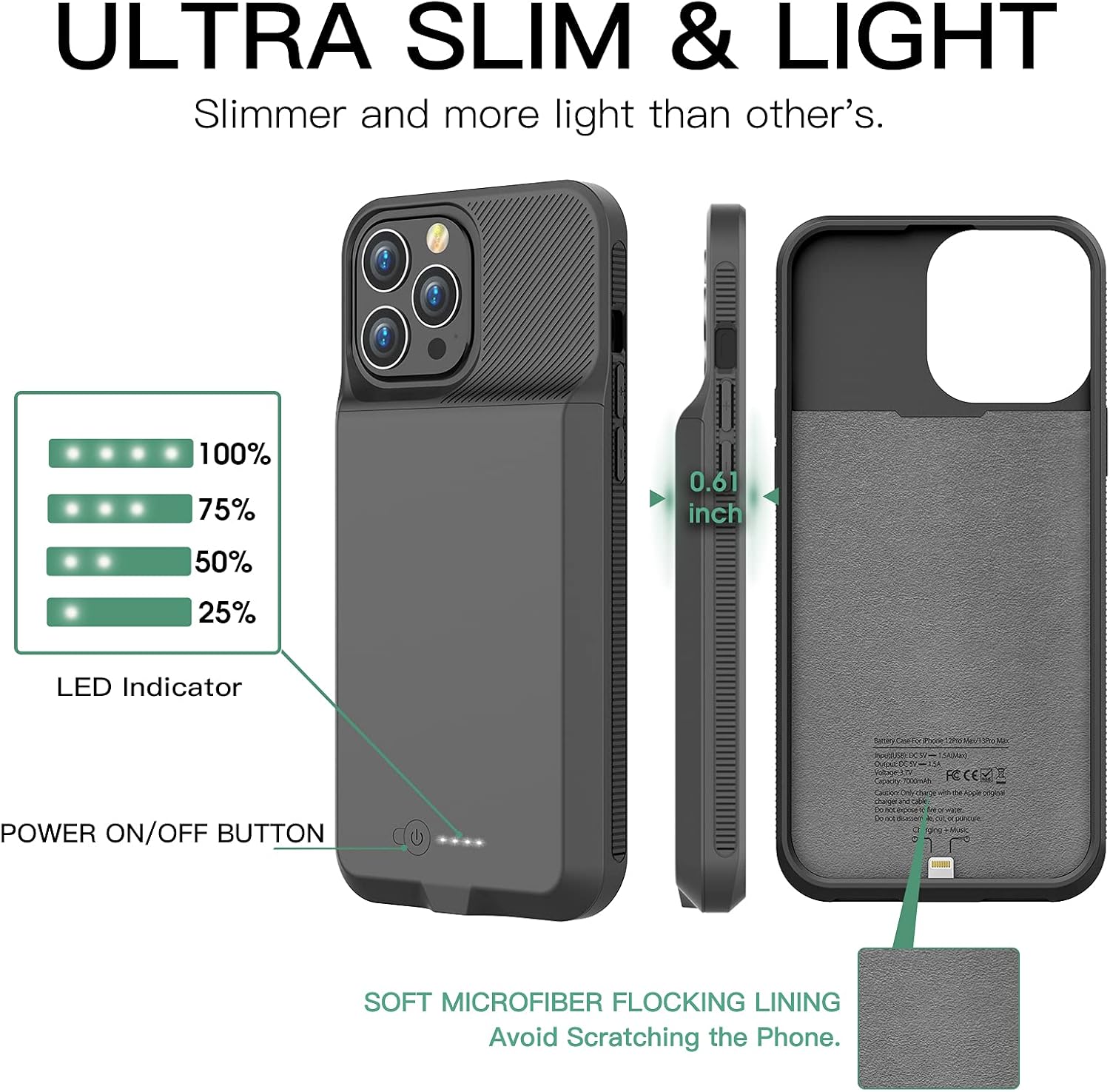 GIN FOXI Battery Case for iPhone 13 Pro Max & 12 Pro Max, Real 7000mAh Ultra-Slim Battery Charging Case Rechargeable Anti-Fall Extended Battery for iPhone 13 Pro Max &12 Pro Max Battery Case(6.7 inch)