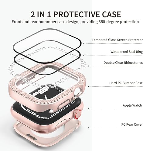 Miniatura 10 de Funda impermeable 2 en 1 compatible con Apple Watch de 1.732 pulgadas, protector de pantalla SE Series 654, con diamantes de imitación y purpurina