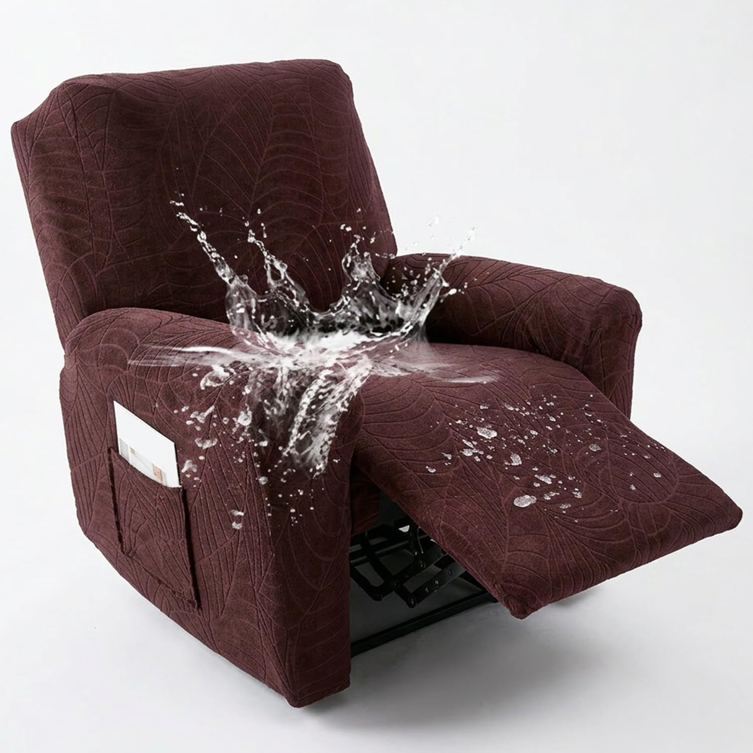 Hearda Recliner Chair Cover 1 Seater, 4 Pieces Splash-proof Recliner Sofa Covers Leaf Pattern, Recliner Slipcover for Electric Chair with Pockets,S tretch Non-Slip Armchair Covers - Dark Brown
