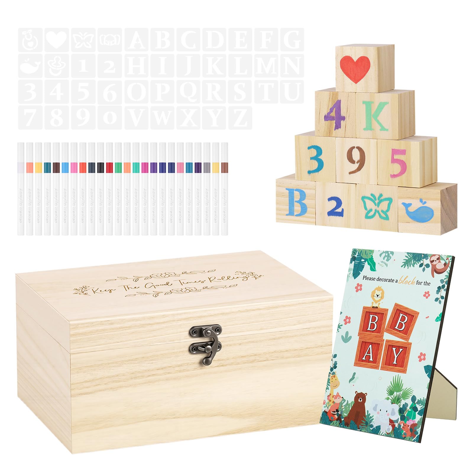 Hahorpa 120Pcs Baby Shower Games Kit, Funny Babyshower Games Sign, 52Pcs Blank Wooden Blocks And 24 Markers For Guests Diy, Baby Shower Game Girls Boys, Wooden Box With Decorations For Gender Reveal — image 1