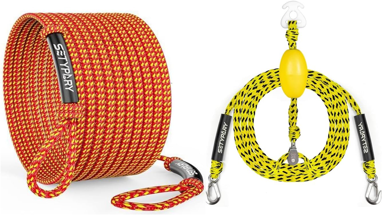 4K 60FT Boat Tow Rope (Orange & Yellow) & Self-Centering Tow Harness (Yellow & Black) Combo - Heavy-Duty Floating Tow Rope and Harness for 1-4 Riders, Perfect for Tubing and Watersports
