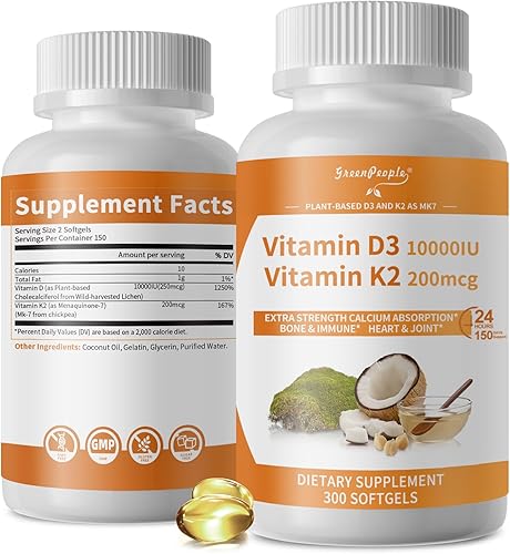 Miniatura 9 de Suplemento de vitamina K2 D3, vitamina D-3 y K-2 MK-7, 10,000 UI200 mcg, con aceite de coco MCT virgen sin OMG  300 cápsulas blandas veganas  Salud