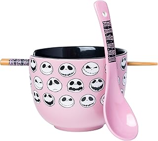 Silver Buffalo Disney Tim Burton's Nightmare Before Christmas Jack Skellington Different Emotions Faces Ceramic Ramen Noodle Rice Bowl with Chopsticks and Spoon, Microwave Safe, 20 Ounces