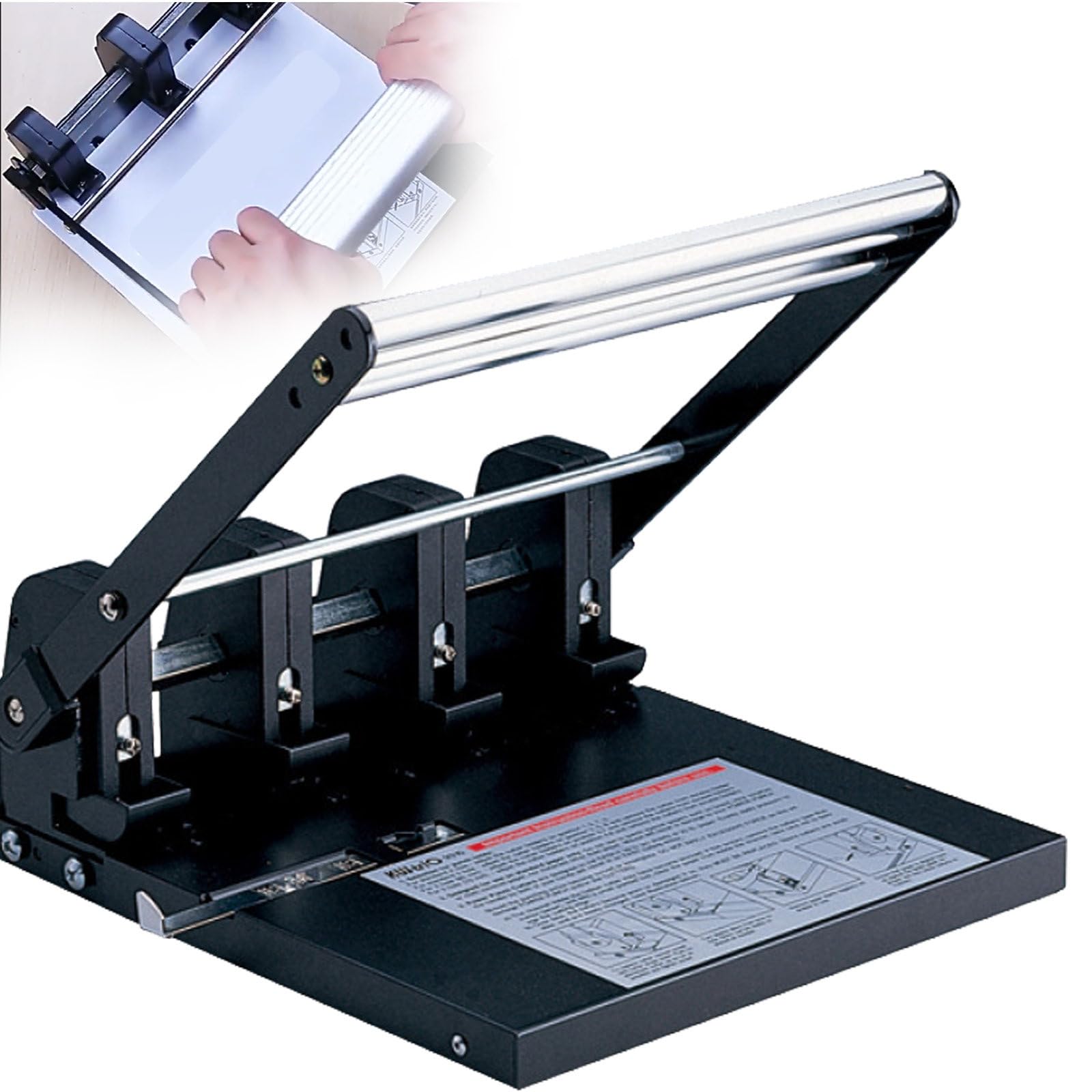 Perforatrice per impieghi gravosi: capacità 150 fogli, allineamento di precisione, impugnatura ergonomica, struttura in acciaio anti-inceppamento. Threeholes