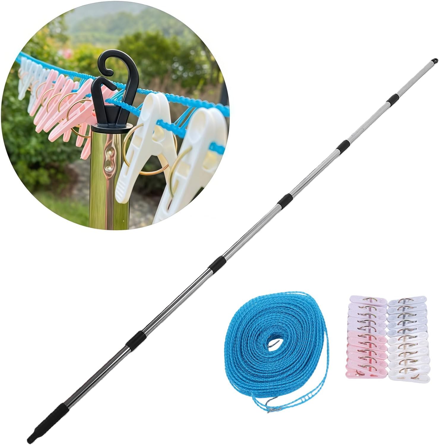 Telescoping Clothesline Prop, 7.2FT Extendable Stainless Steel Clothes Hook Pole with 32.8FT Clothesline 20 Clips Outdoor Drying Laundry Line for Tent Shelter Camping