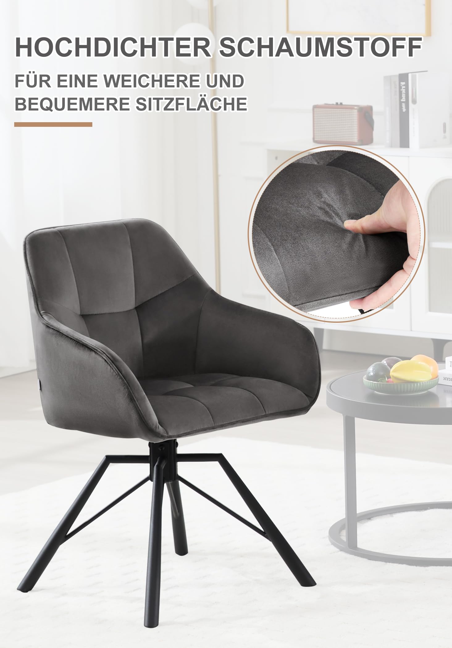 WOLTU Esszimmerstuhl drehbar 4er Set, Küchenstuhl, Polsterstuhl, Drehstuhl, bequemer Stuhl mit Armlehnen Rückenlehne, Armlehnenstuhl für Esszimmer Wohnzimmer, mit Samtbezug, Dunkelgrau