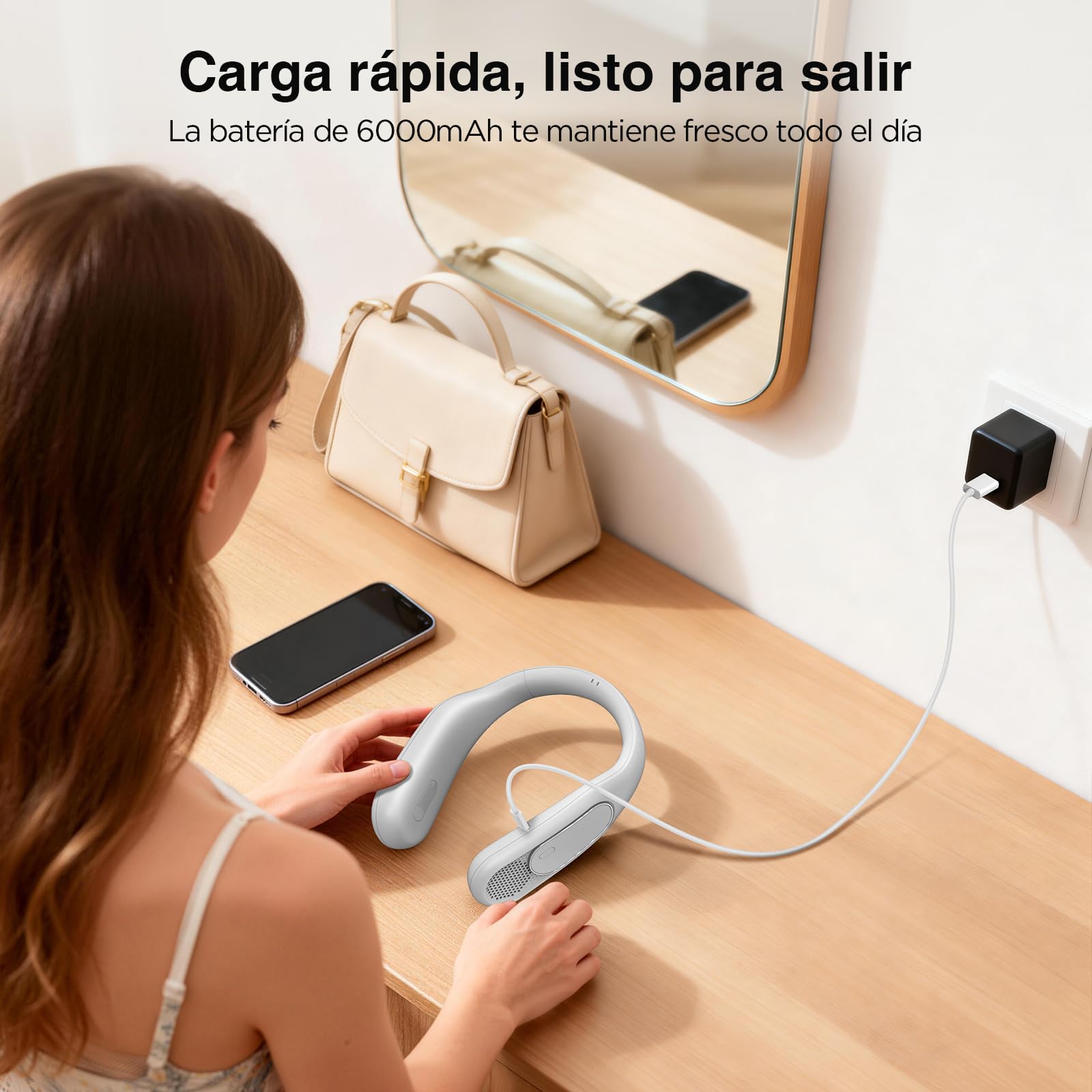 Ventilador de Cuello Bladeless 6000mAh, Ventilador Portátil Cuello USB Recargable con 4 Velocidades para Hombre y Mujer, Ideal para Viajes, Deportes, Trabajo y Uso Interior/Exterior（Blanco）