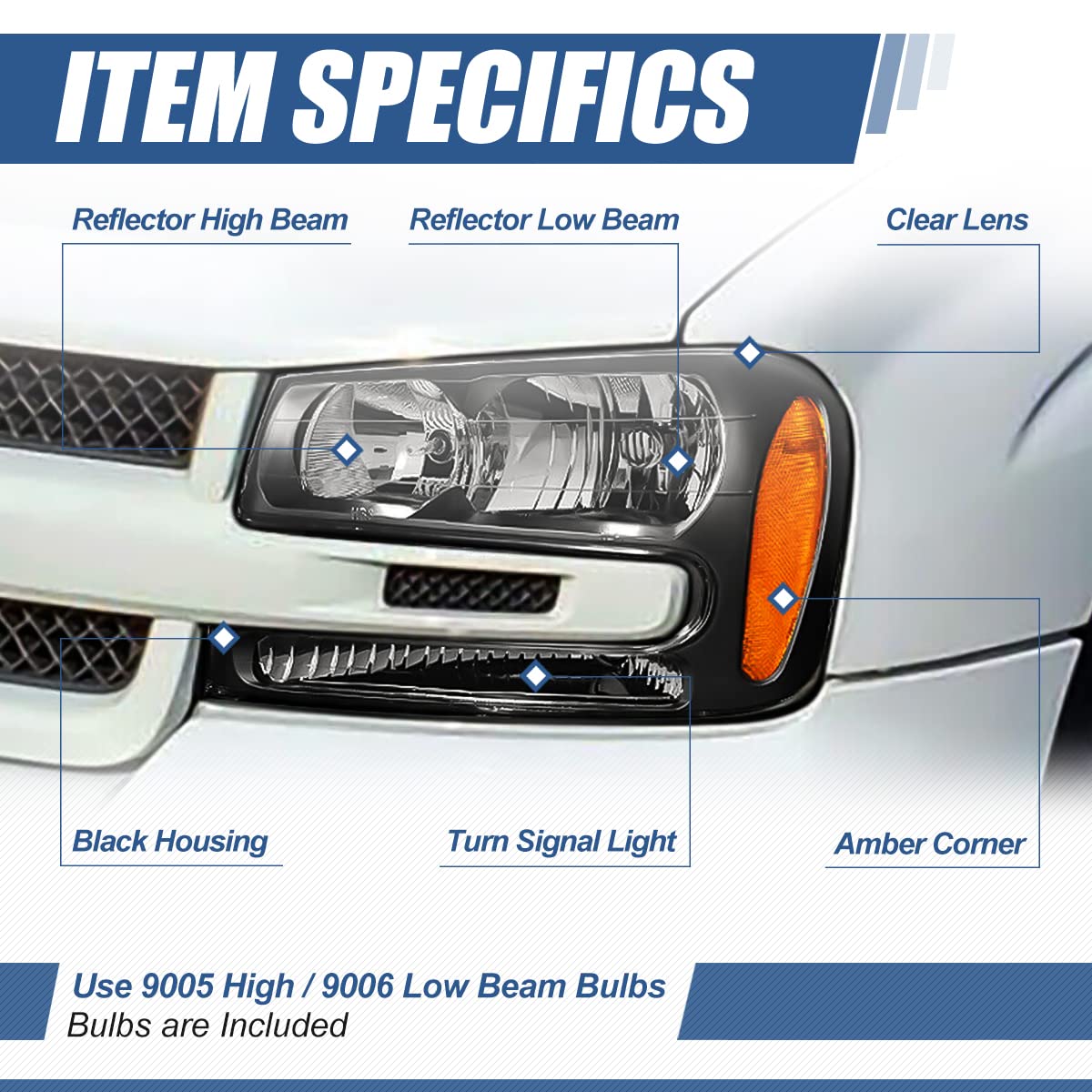 Auto Dynasty [Full Length Grill Bar Model] Factory Style Headlights Assembly Compatible with Chevy Trailblazer/Trailblazer EXT 02-09, Driver and Passenger Side, Black Housing Amber Corner