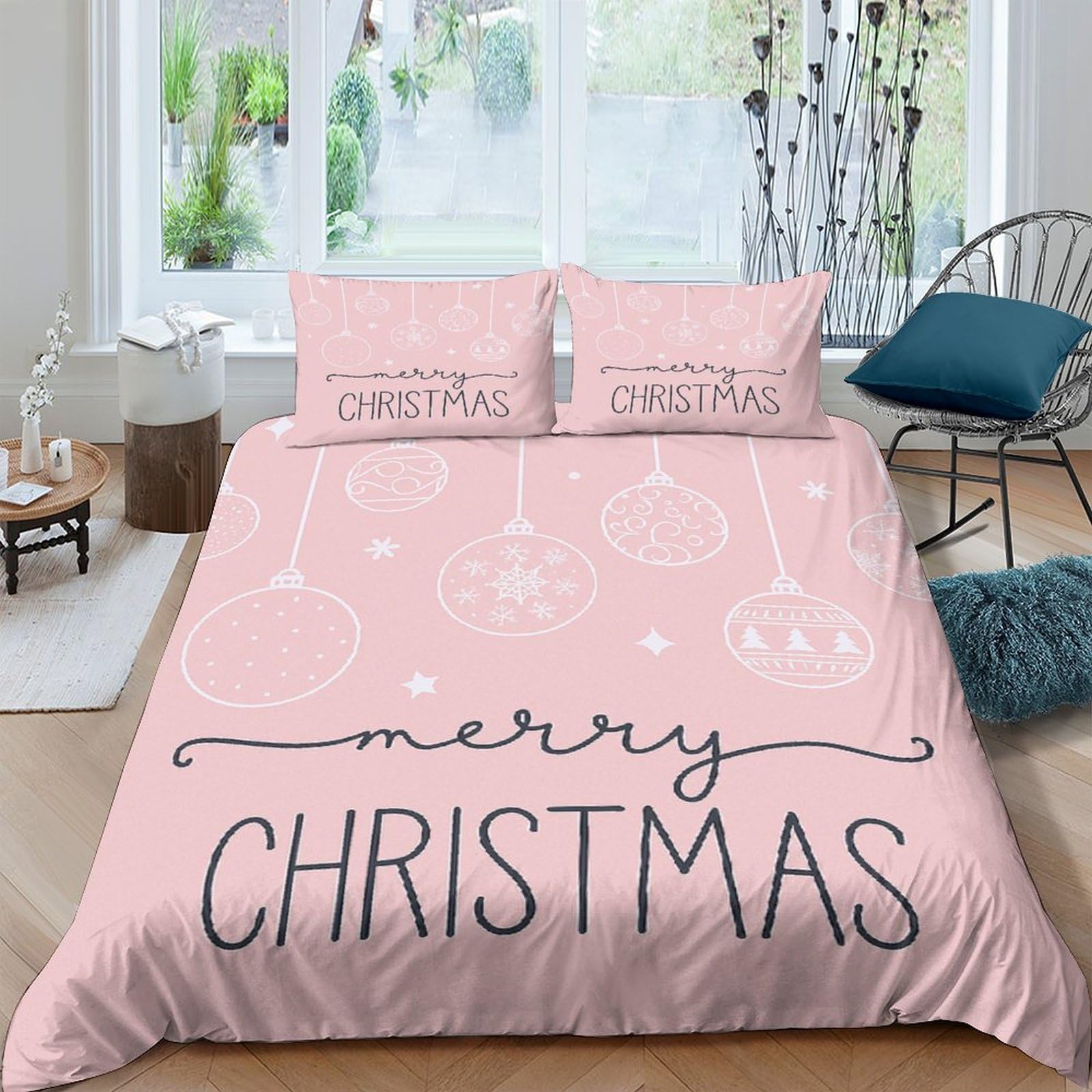 Ctjqhvkz Style-10 3D Printed Pink Snowflake Fitted Sheet Microfiber Soft Christmas Letter Bed Cover For Bedroom Guest Room Easy Care Single（135X200cm）
