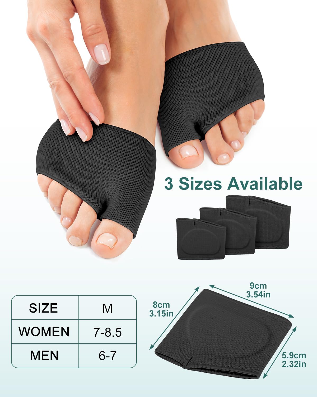 2 Pairs Metatarsal Foot Pads, Ball of Foot Cushions for Women Men Feet Pain Relief, Sesamoiditis, Metatarsalgia, Mortons Neuroma-Fabric Sleeves with Gel Inserts (Black, Medium)