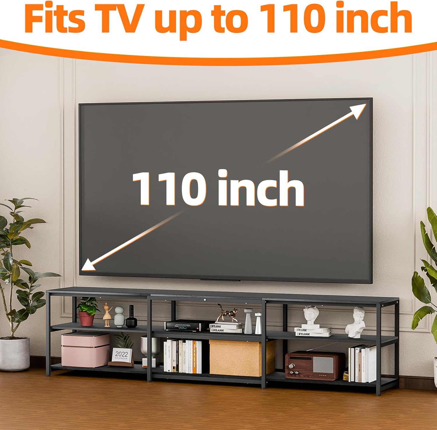 Aquzee 100 inch TV Stand, Extra Large 98" Wide Entertainment Center for 85" - 110" Television, 3 Tier Heavy Duty Wood Console Table with Storage for Living Room Home Theater, Black