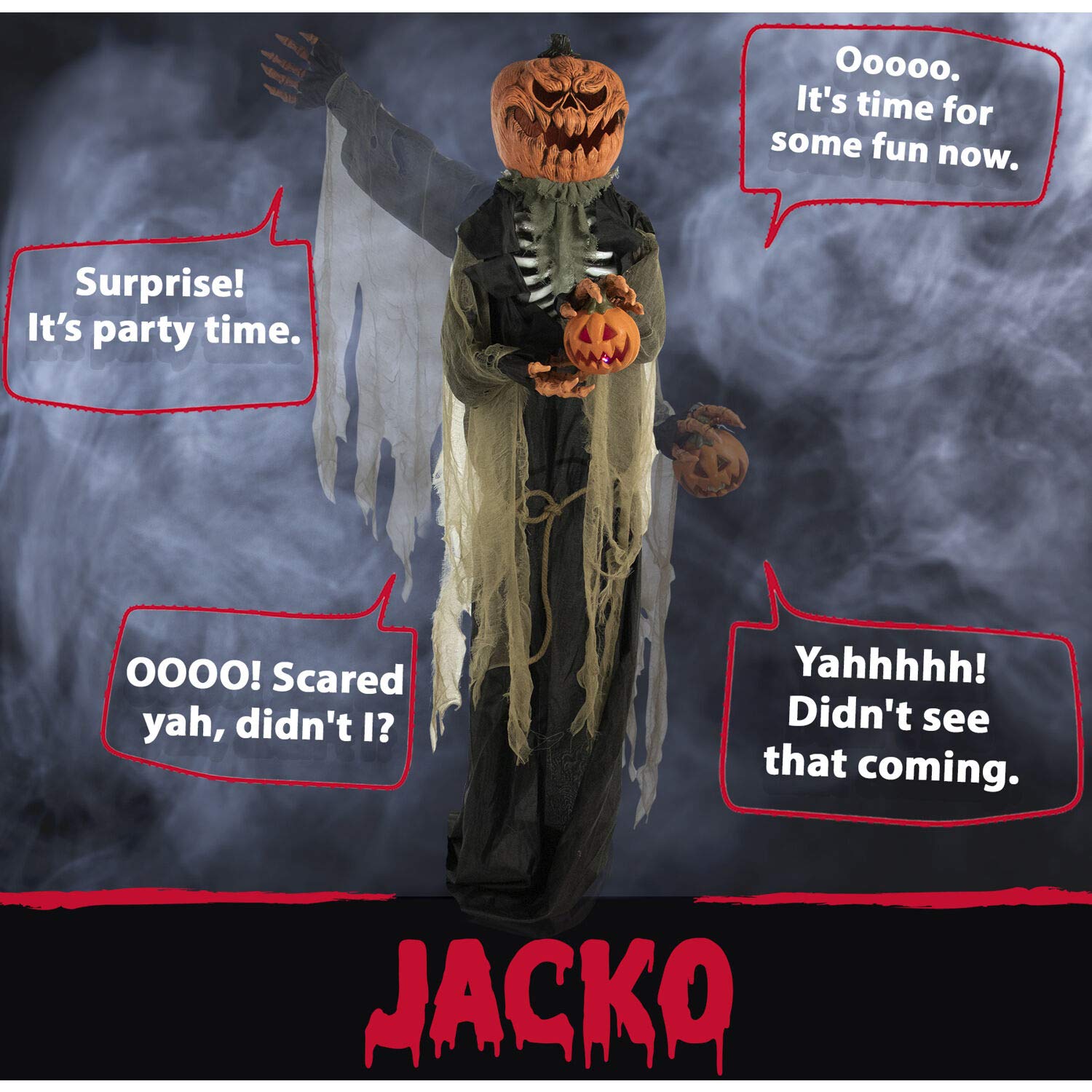 Haunted Hill Farm HHPUMP-2FLS 6-Ft. Animated Scarecrow Prop w/Rotating Jack-O-Lantern Head Indoor/Outdoor Halloween Decoration, Color 2