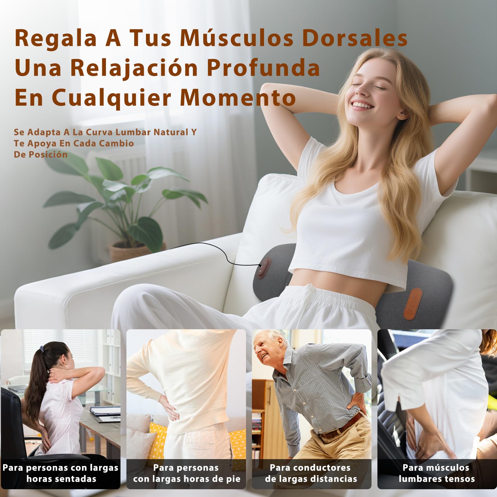 Almohada Lumbar Eléctrico 3 en 1 con Calor y Masaje por Vibración para Sofá, Silla y Coche
