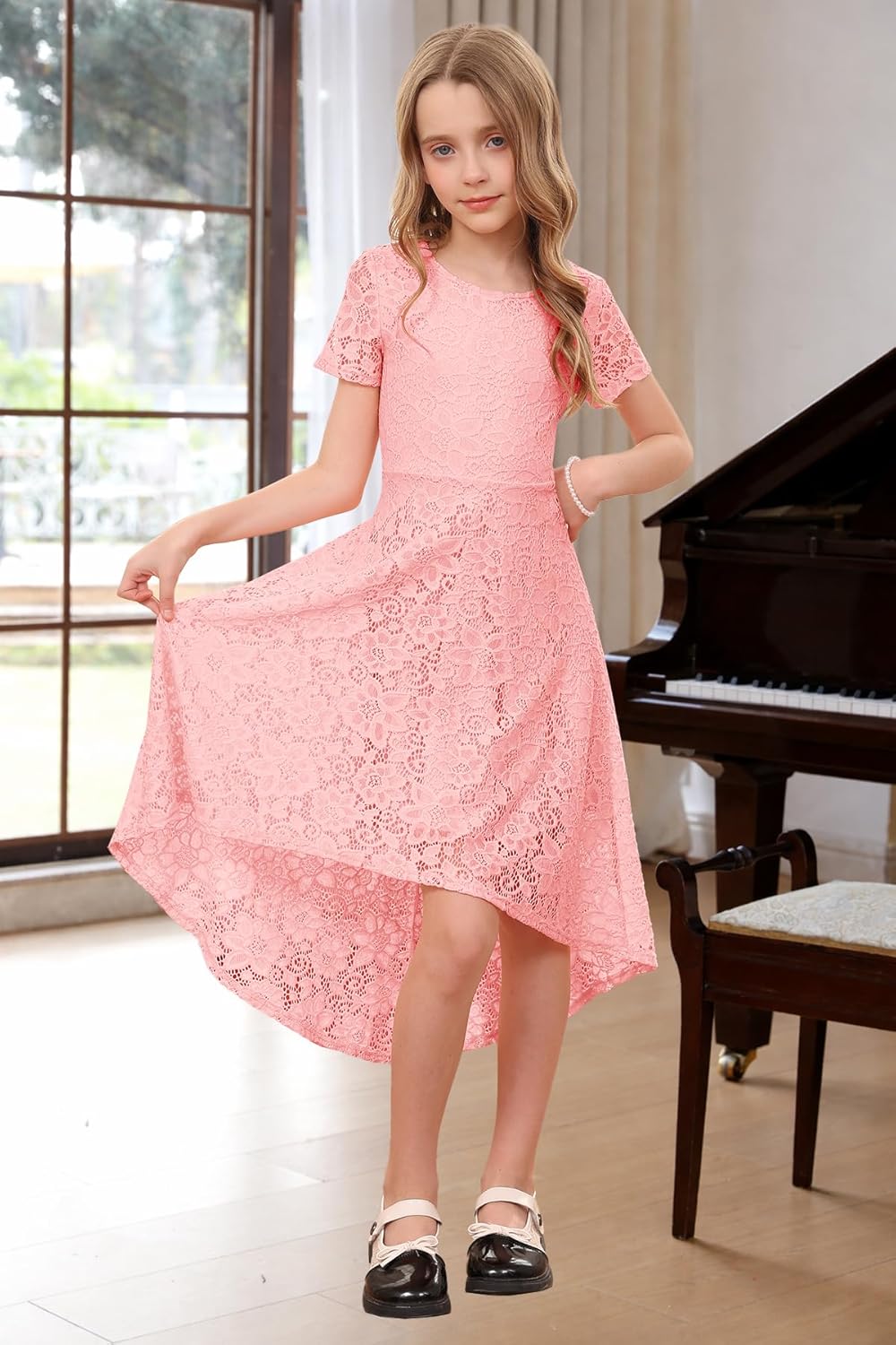 YOVION Girls Lace High Low Dress A-Line Wedding Party Junior Bridesmaid Dresses for 6-12 Years