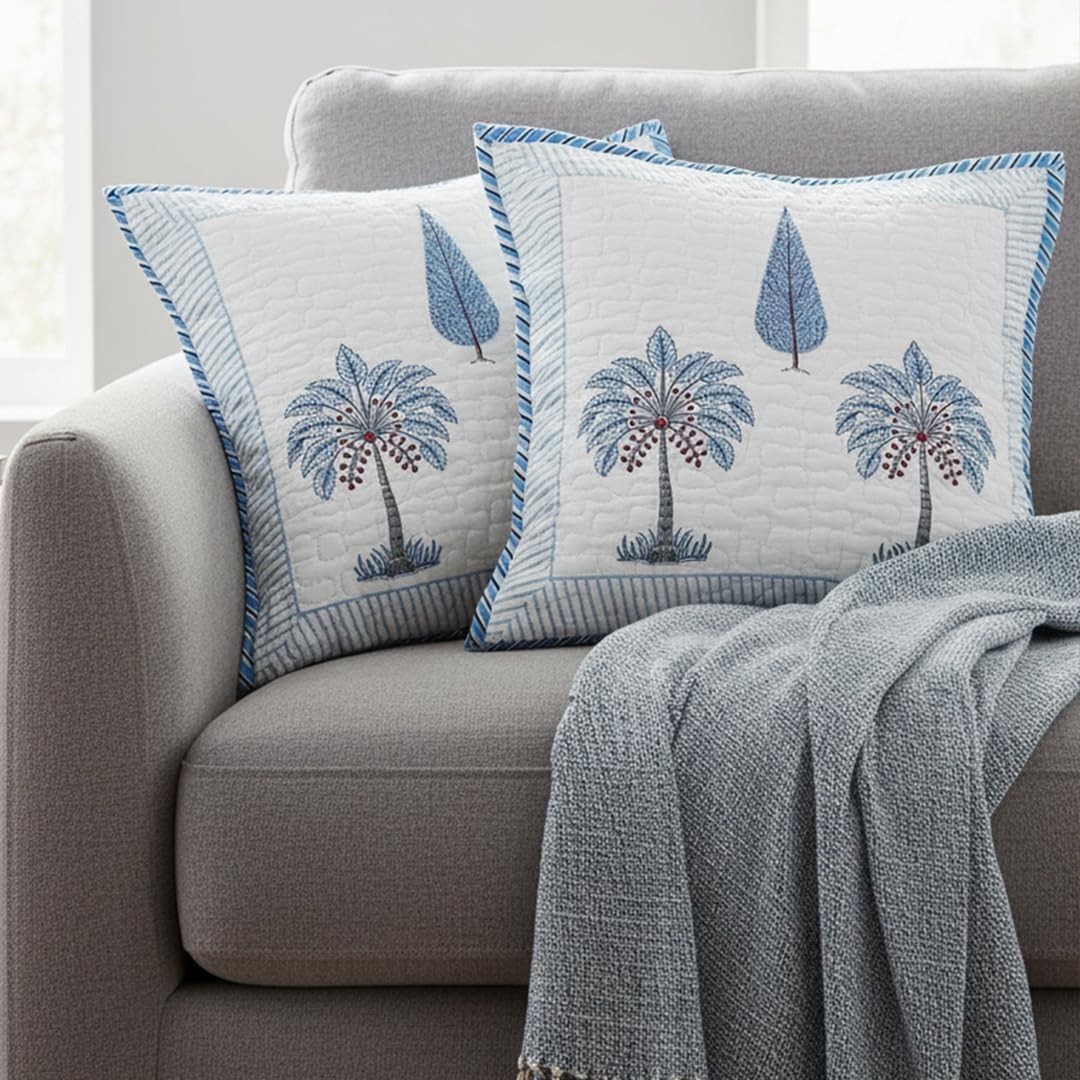 HOMEMONDE Sofa Cushion Cover 16 X 16 Inches Set Of 2 - Square Pillow Cover Cotton For Living Room Couch, Blue, 40 X 40 Cm, 300 TC