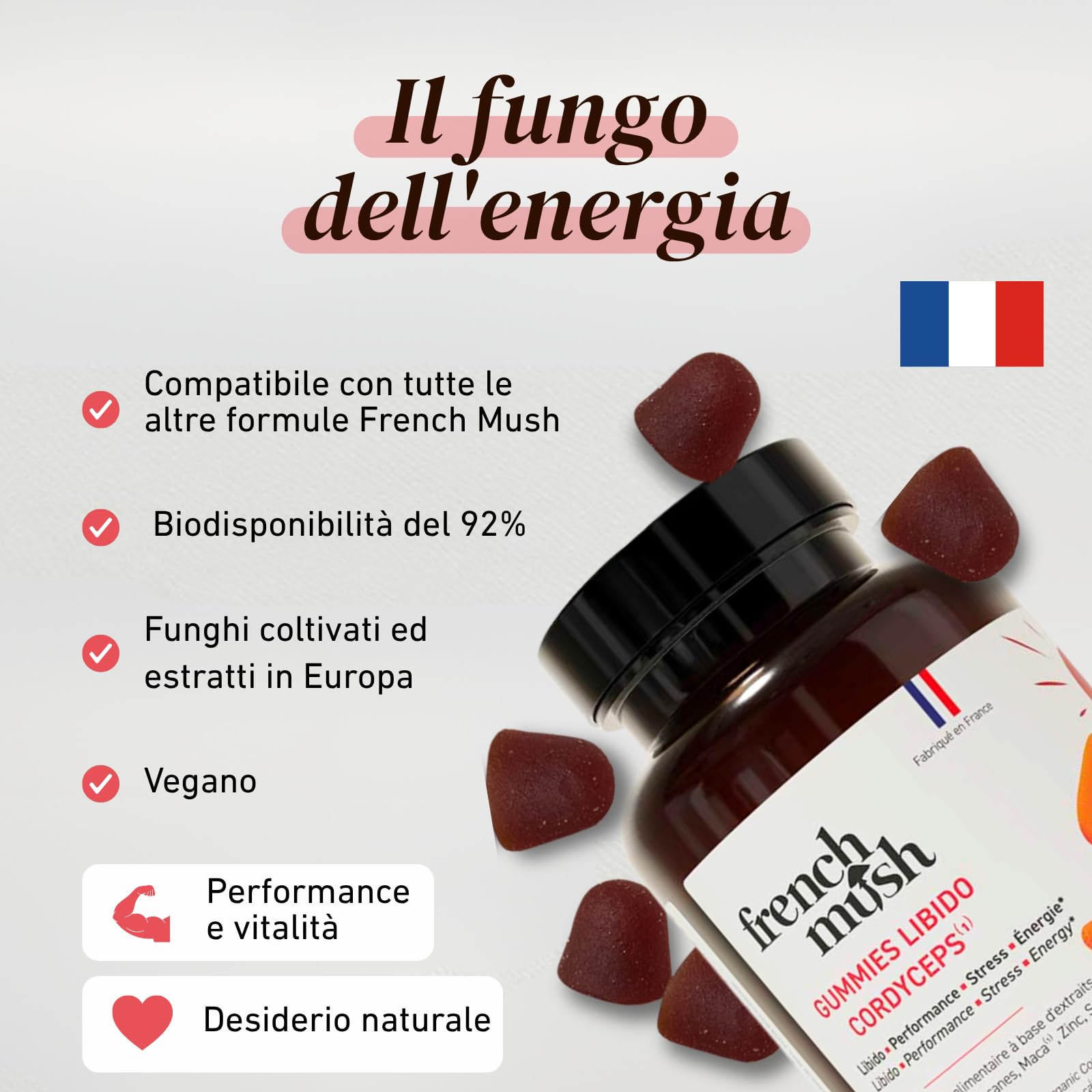 French Mush - Gummies Libido - Integratore Vitalità ed Energia - Cordyceps, Maca, Zafferano, Zinco - Supporto Libido, Performance ed Equilibrio Emotivo - 42 Gummies