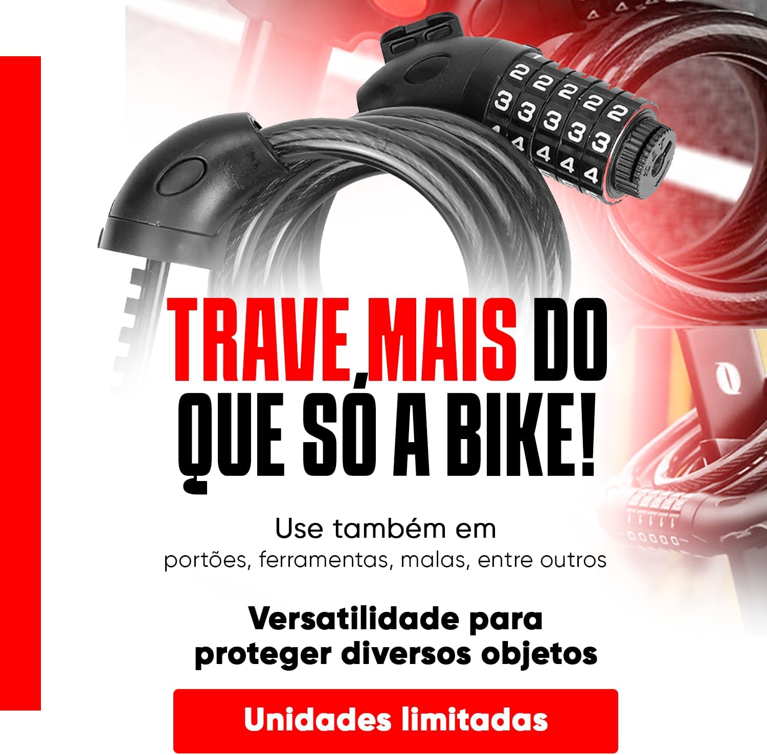 Cadeado para Bicicletas Bike com Senha Numérica 4 Dígitos Trava de Segurança Para Bike Motos Com Cabo de Aço Reforçado 100cm Premium